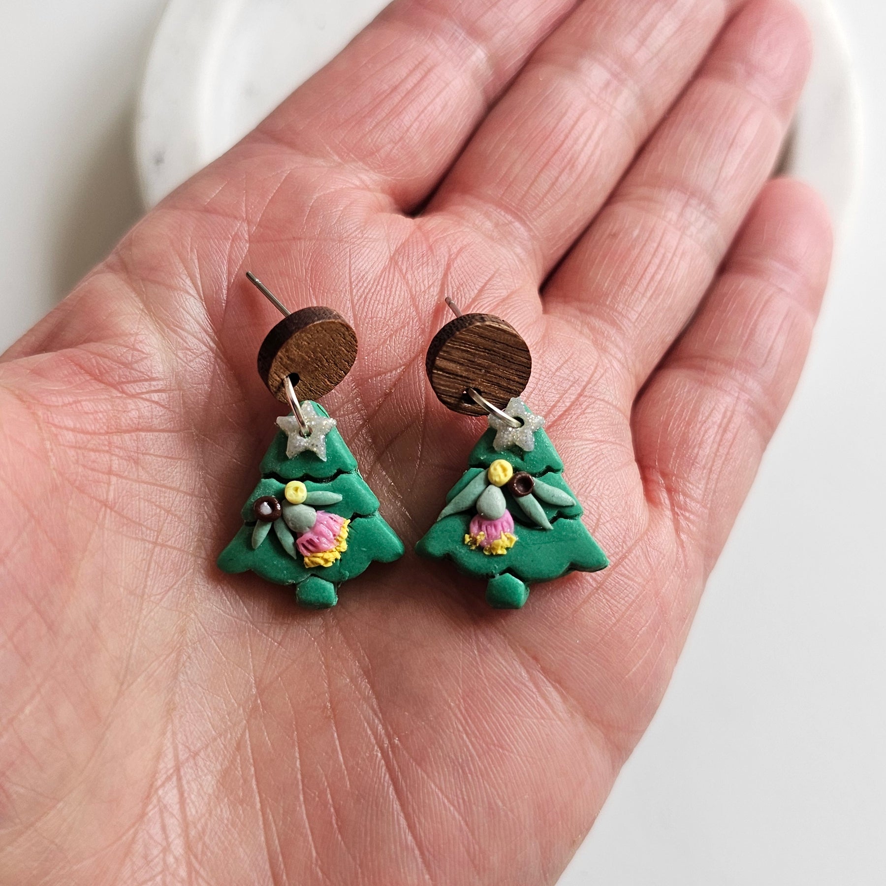 Australian Native Christmas Tree Earrings , Polymer Clay Handmade Jewelry.