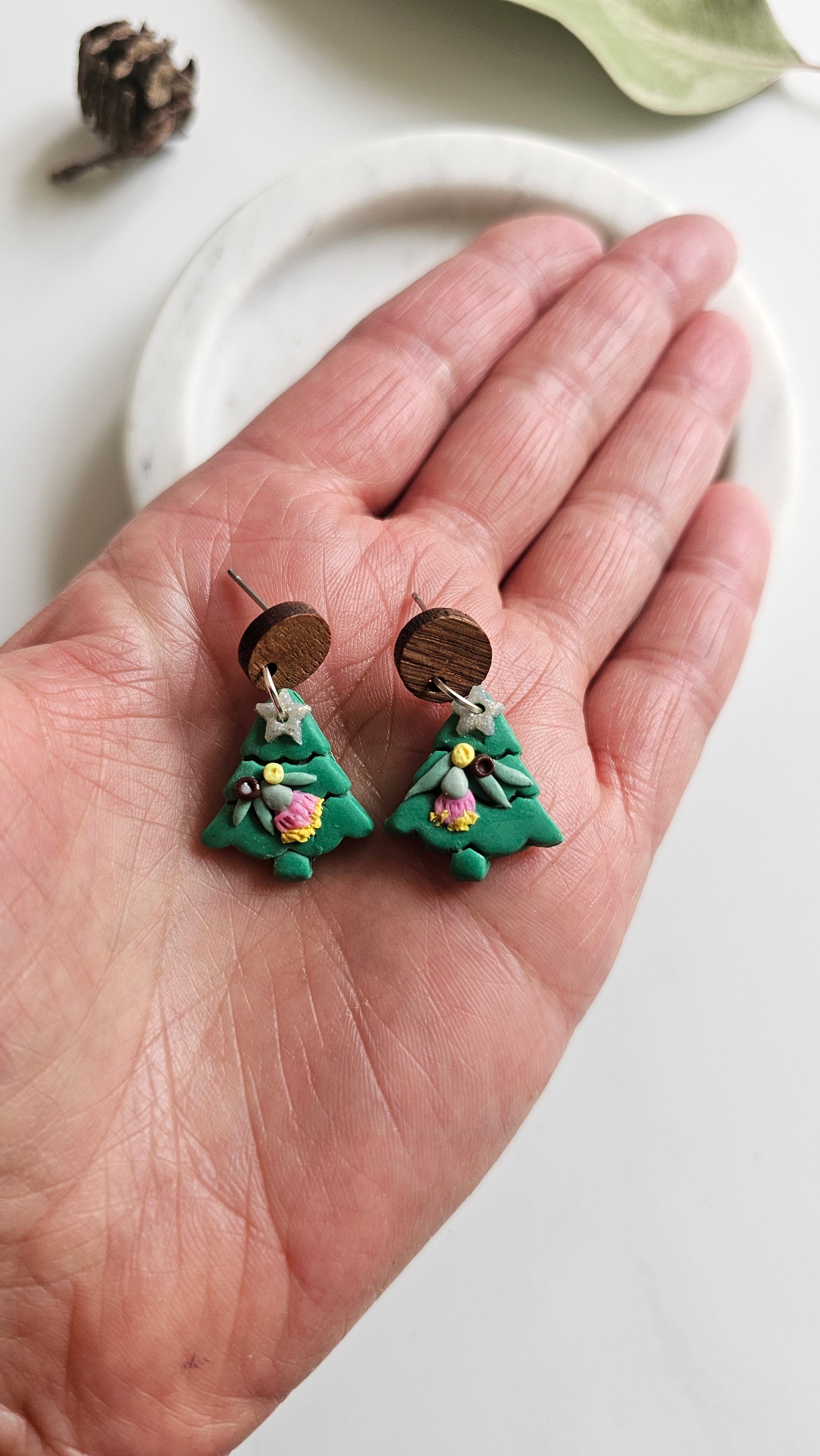 Australian Native Christmas Tree Earrings , Polymer Clay Handmade Jewelry.
