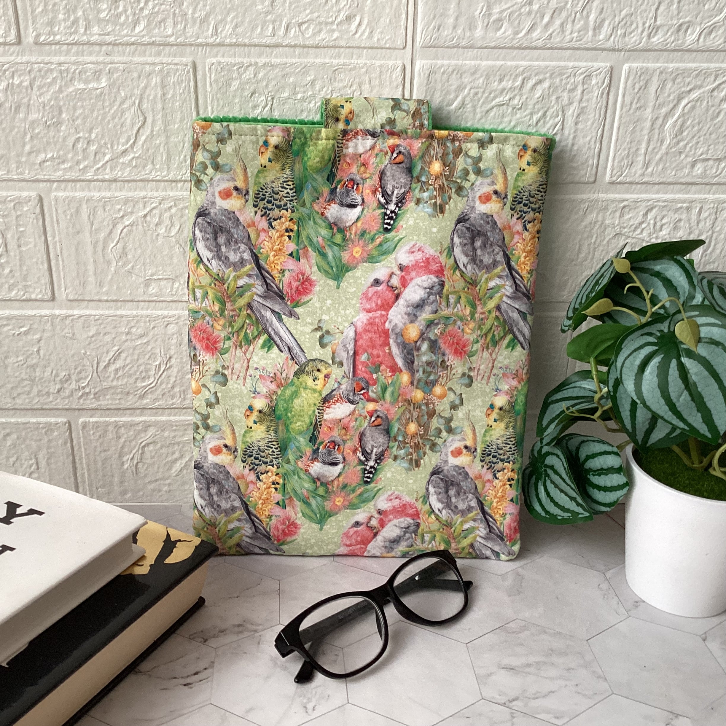 Australian Birds fabric book sleeve with 2 pockets. iPad, tablet pouch