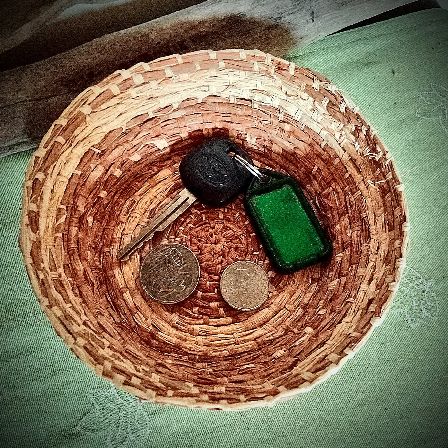 Woven hand dyed raffia basket