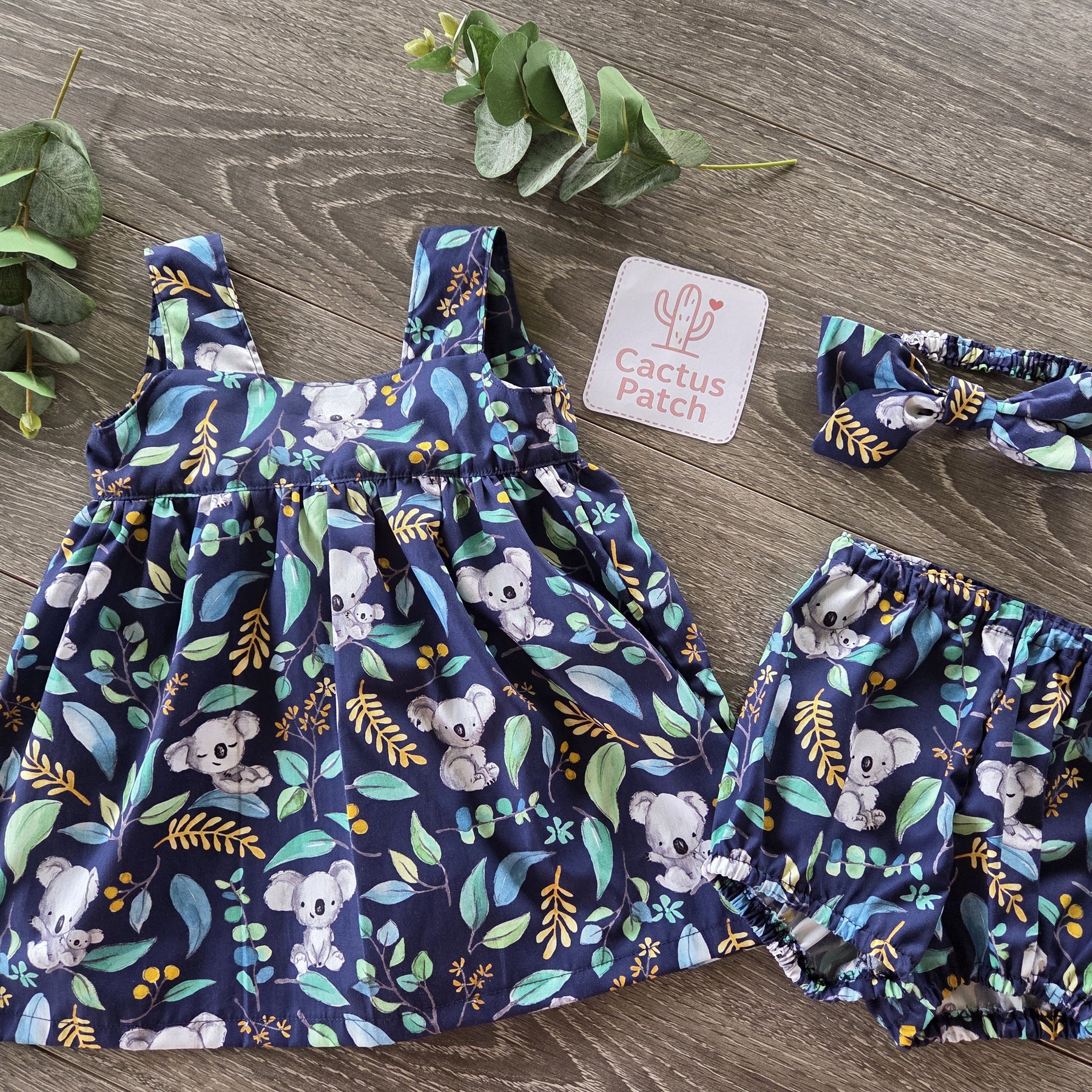 "Koala Capers" Dress, Bloomers & Bow - Size 9-12 Months