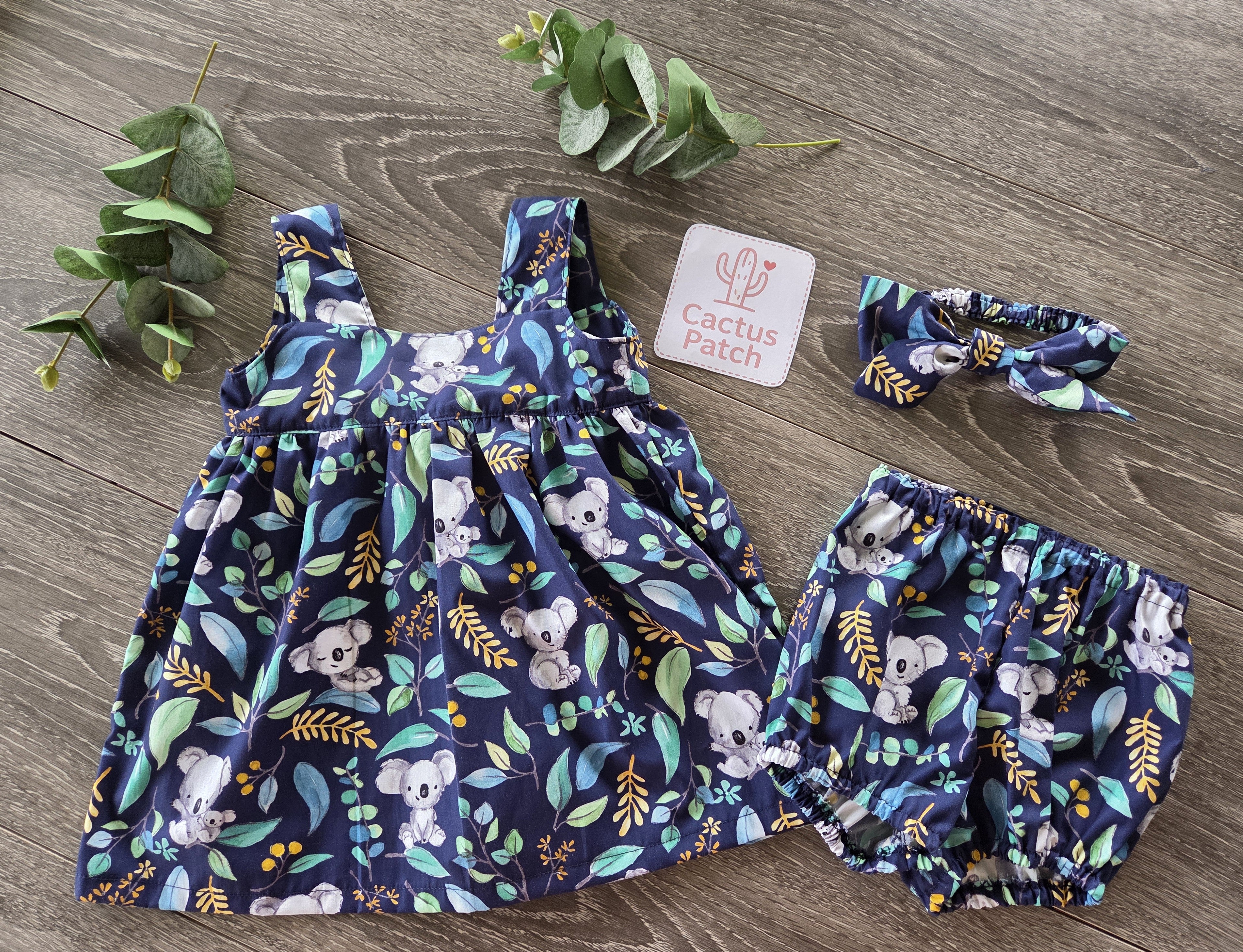 "Koala Capers" Dress, Bloomers & Bow - Size 9-12 Months