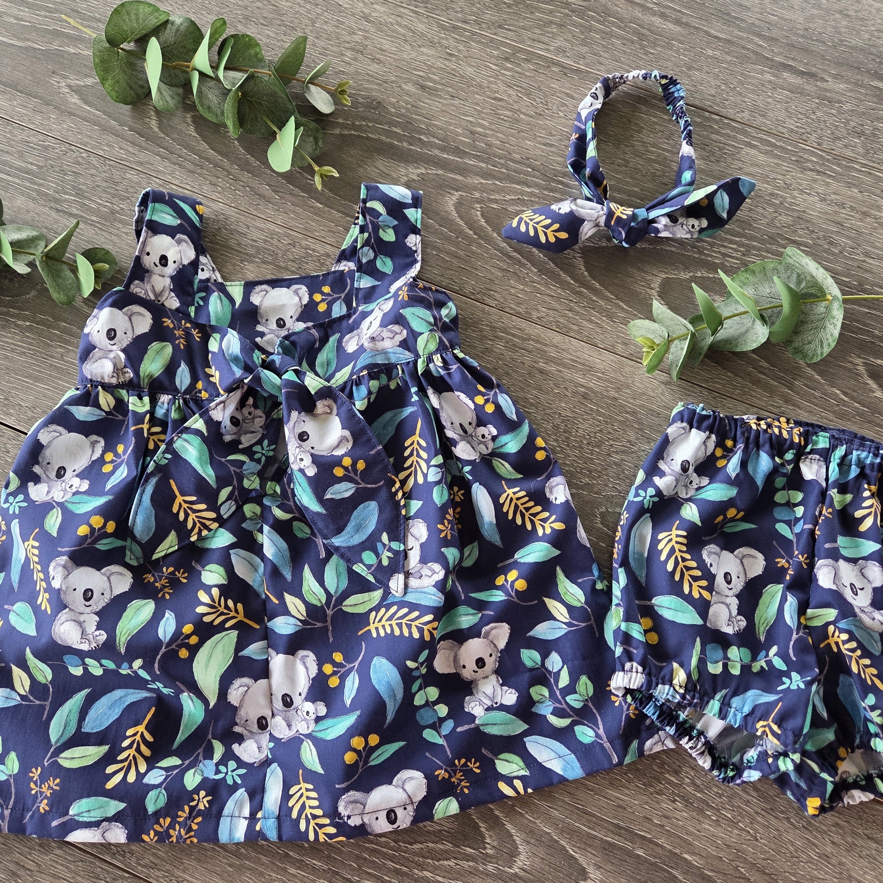 "Koala Capers" Dress, Bloomers & Bow - Size 9-12 Months