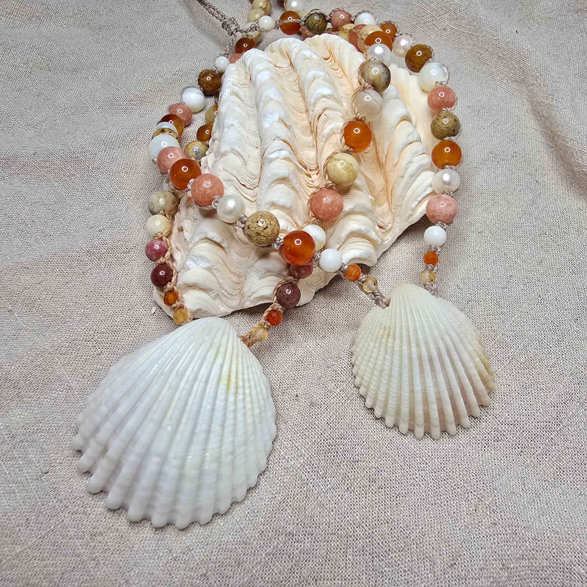 Cockle Shell Necklace Adjustable with Pearls and Gemstones