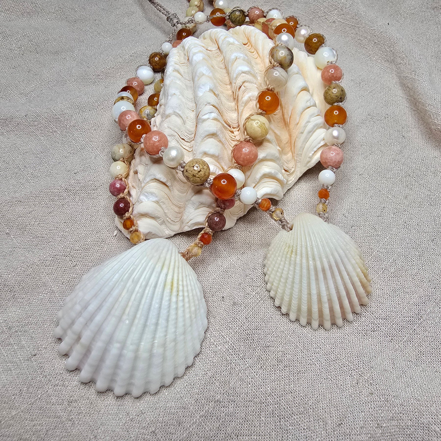 Cockle Shell Necklace Adjustable with Pearls and Rare Ocean Agate