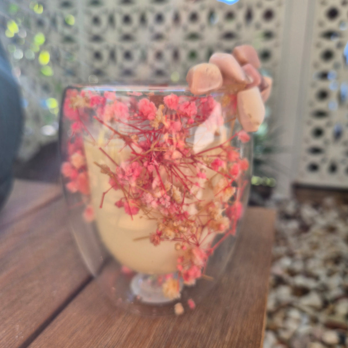 Pink baby's breath glass jar candle with pink opal