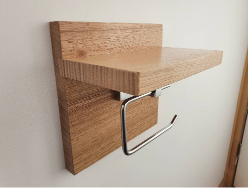 Tasmanian Oak Chrome Toilet Roll Holder with Shelf