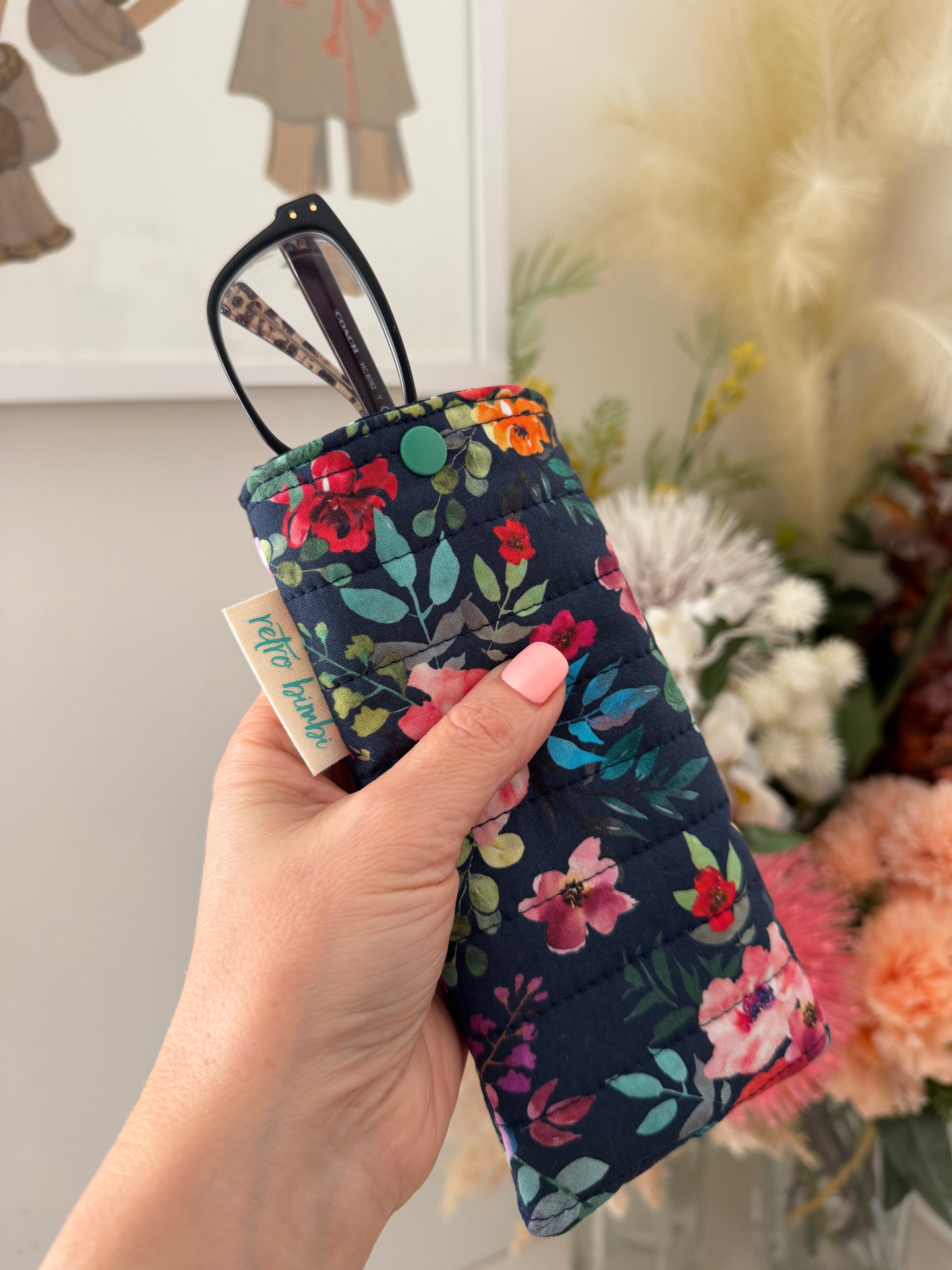 Quilted Glasses Case - Navy Floral