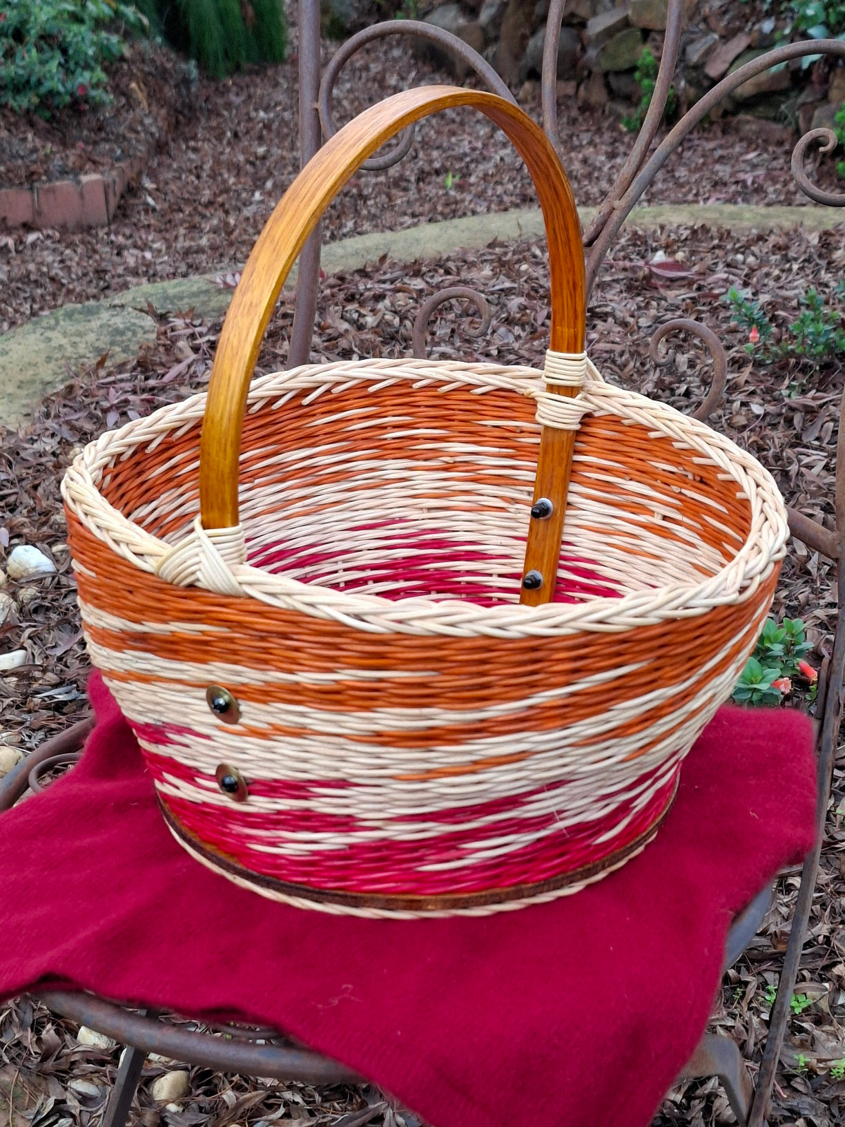 Large Round Market Basket orange red and natural.