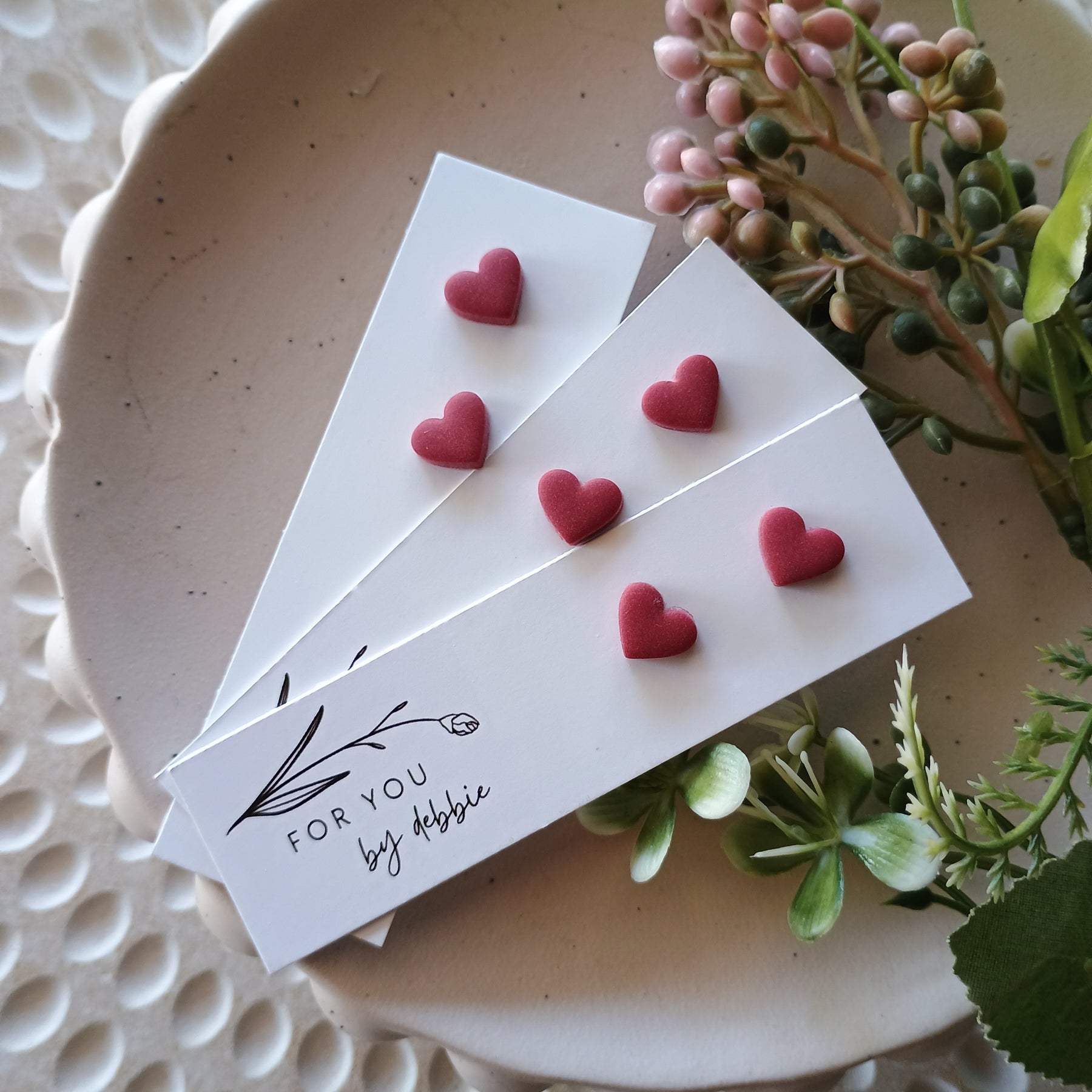 Red mini heart stud polymer clay earring