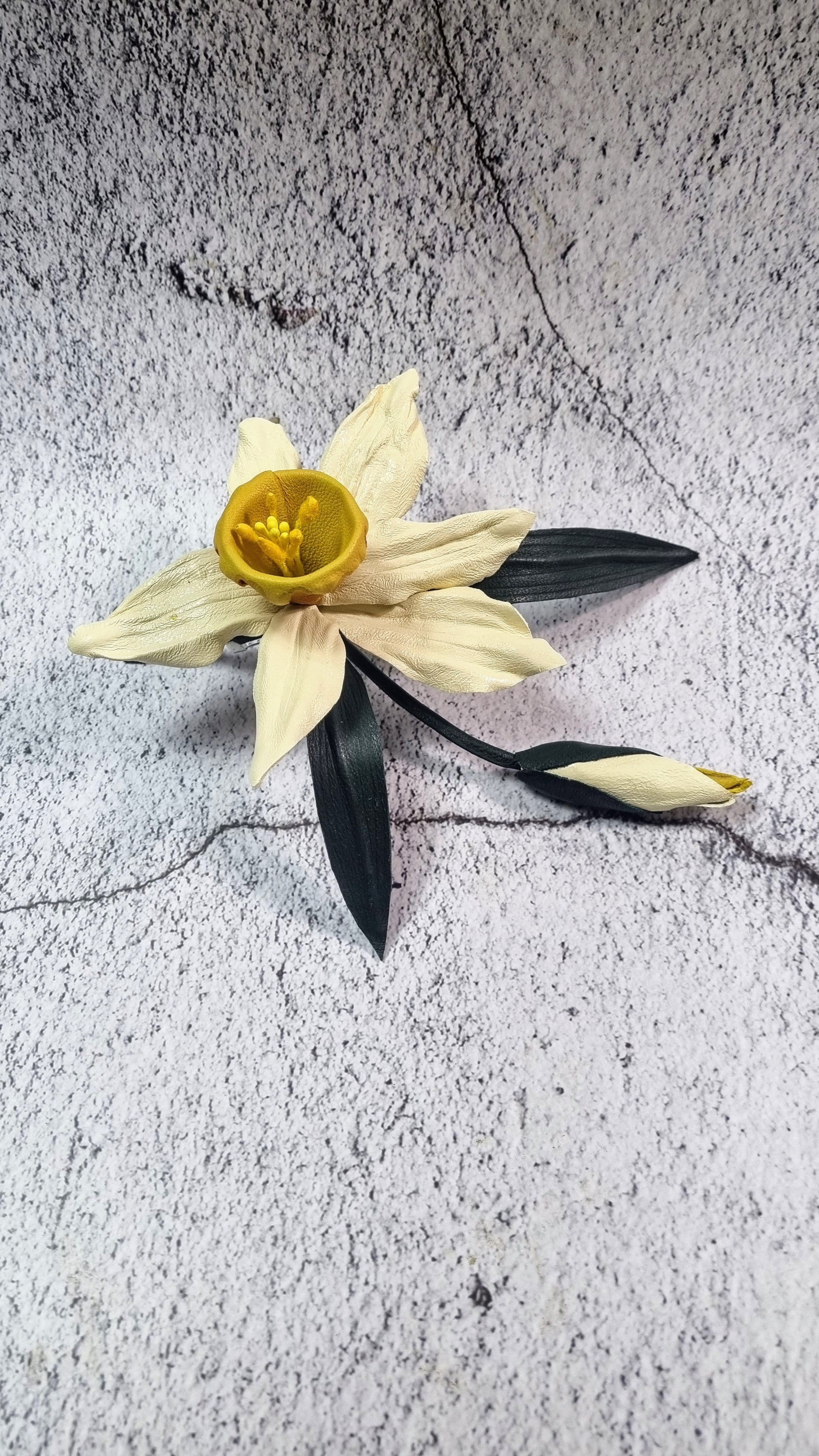 Leather Daffodil Brooch "Morning Glow" , Flower Brooch