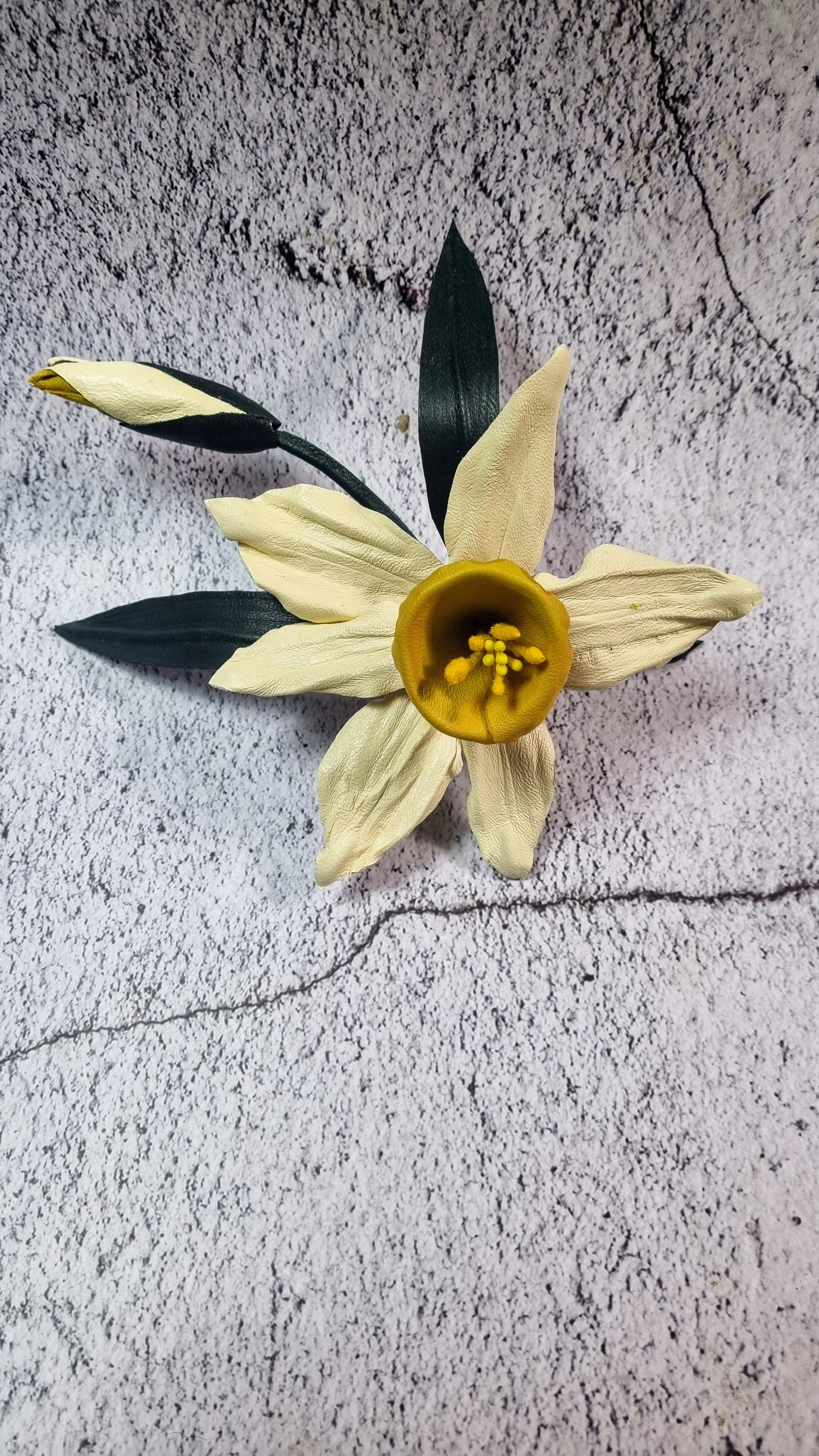 Leather Daffodil Brooch "Morning Glow" , Flower Brooch