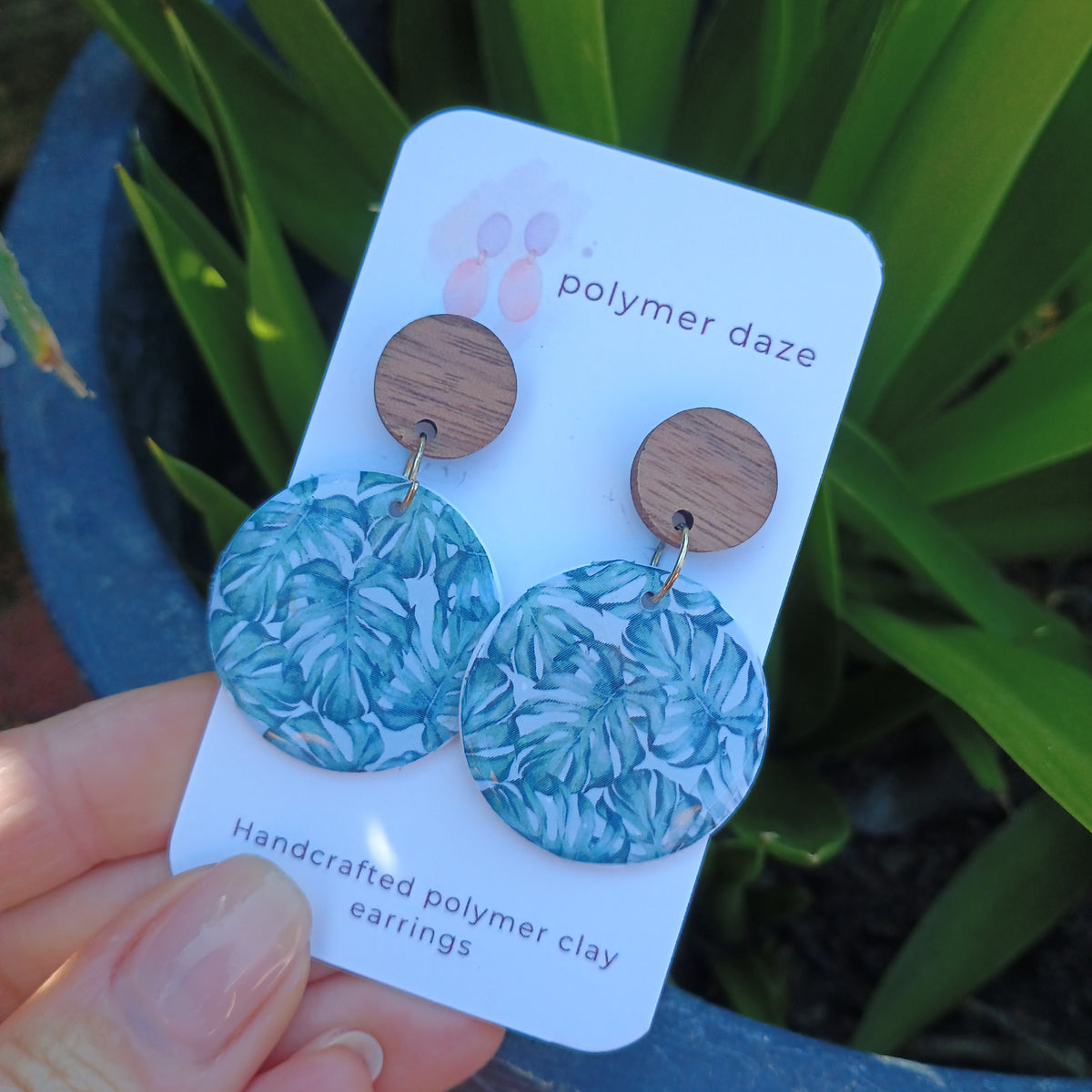 Monstera earrings with natural wood stud