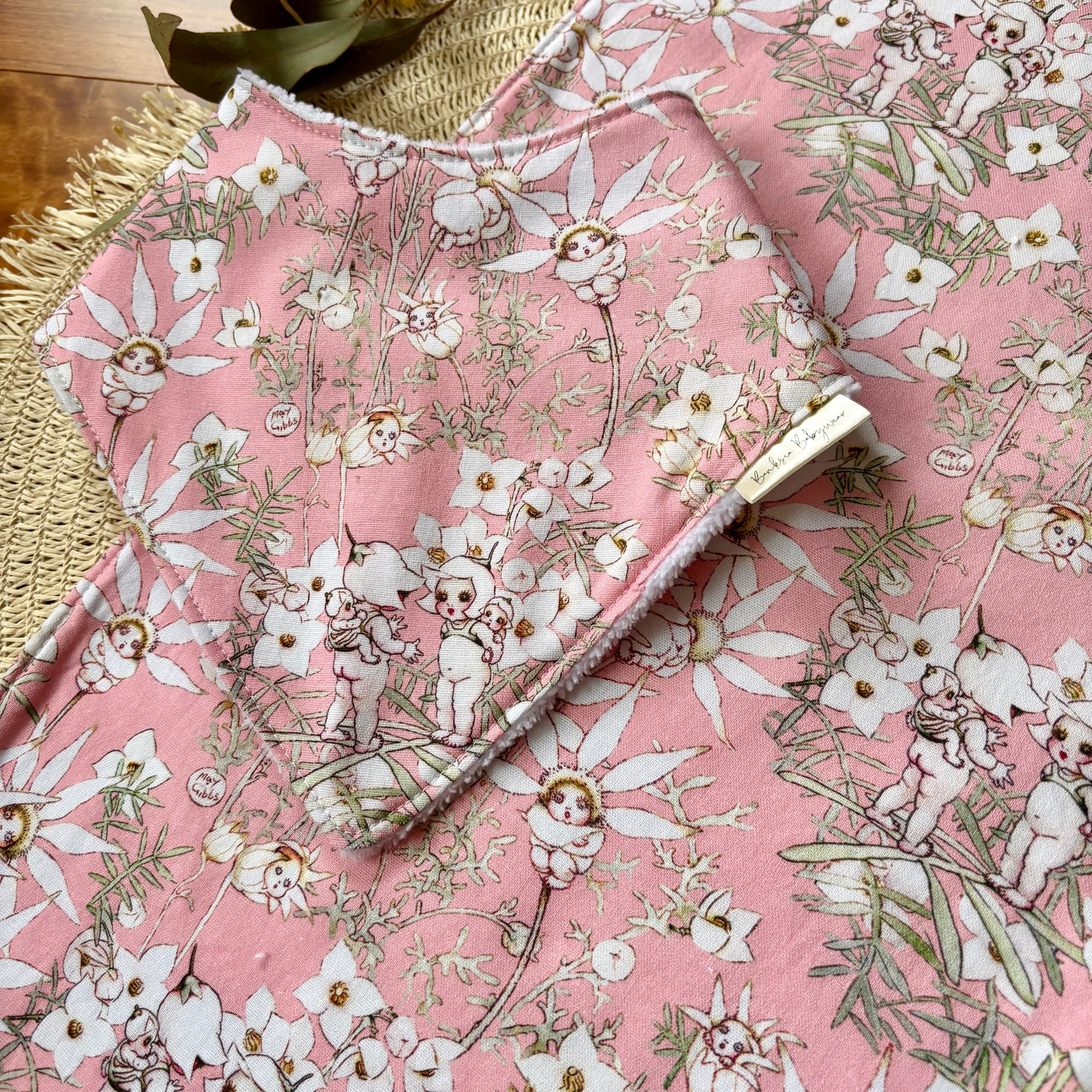 Baby Bib and Burp Cloth Set | May Gibbs Flannel Flowers | Ready to Ship