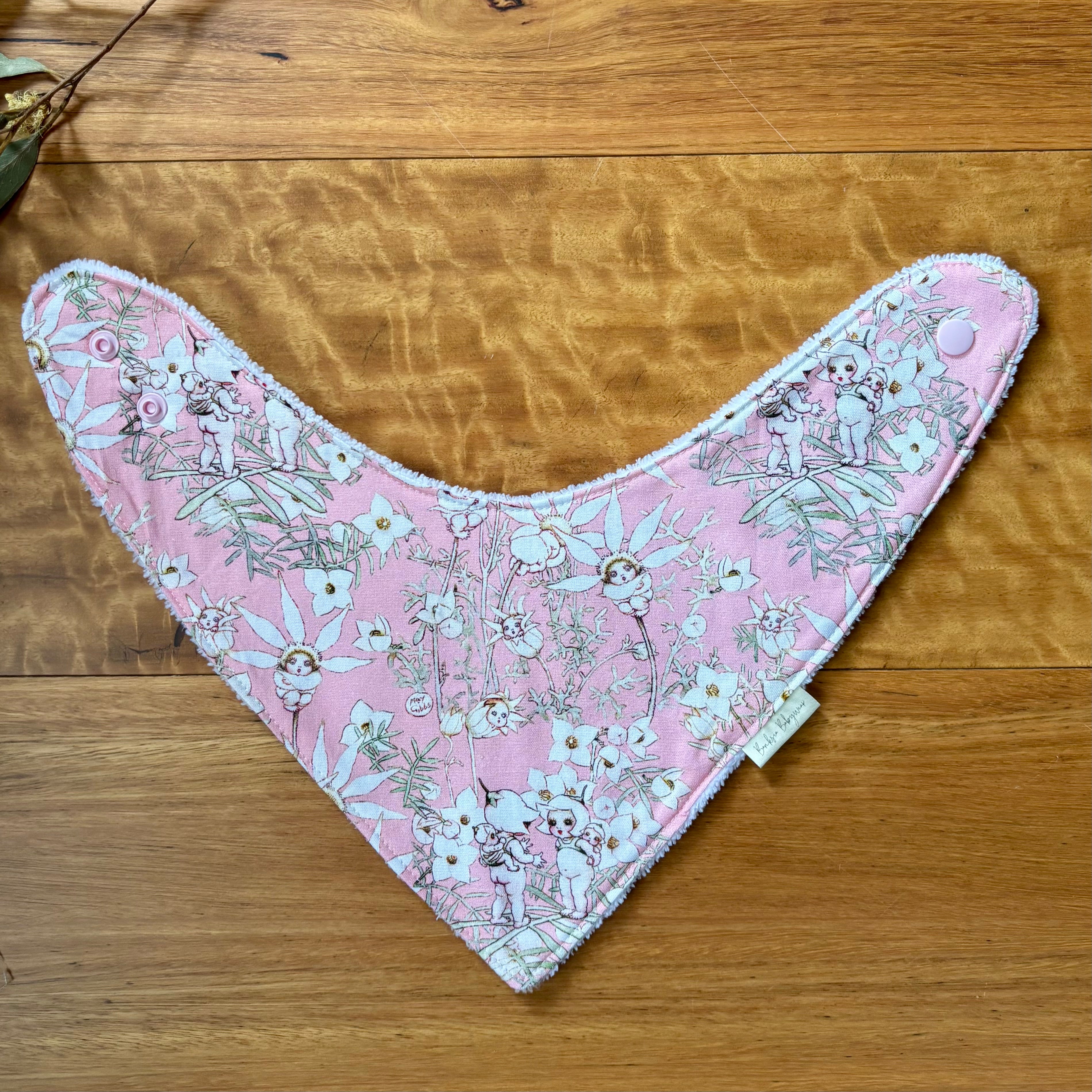 Baby Bib and Burp Cloth Set | May Gibbs Flannel Flowers | Ready to Ship