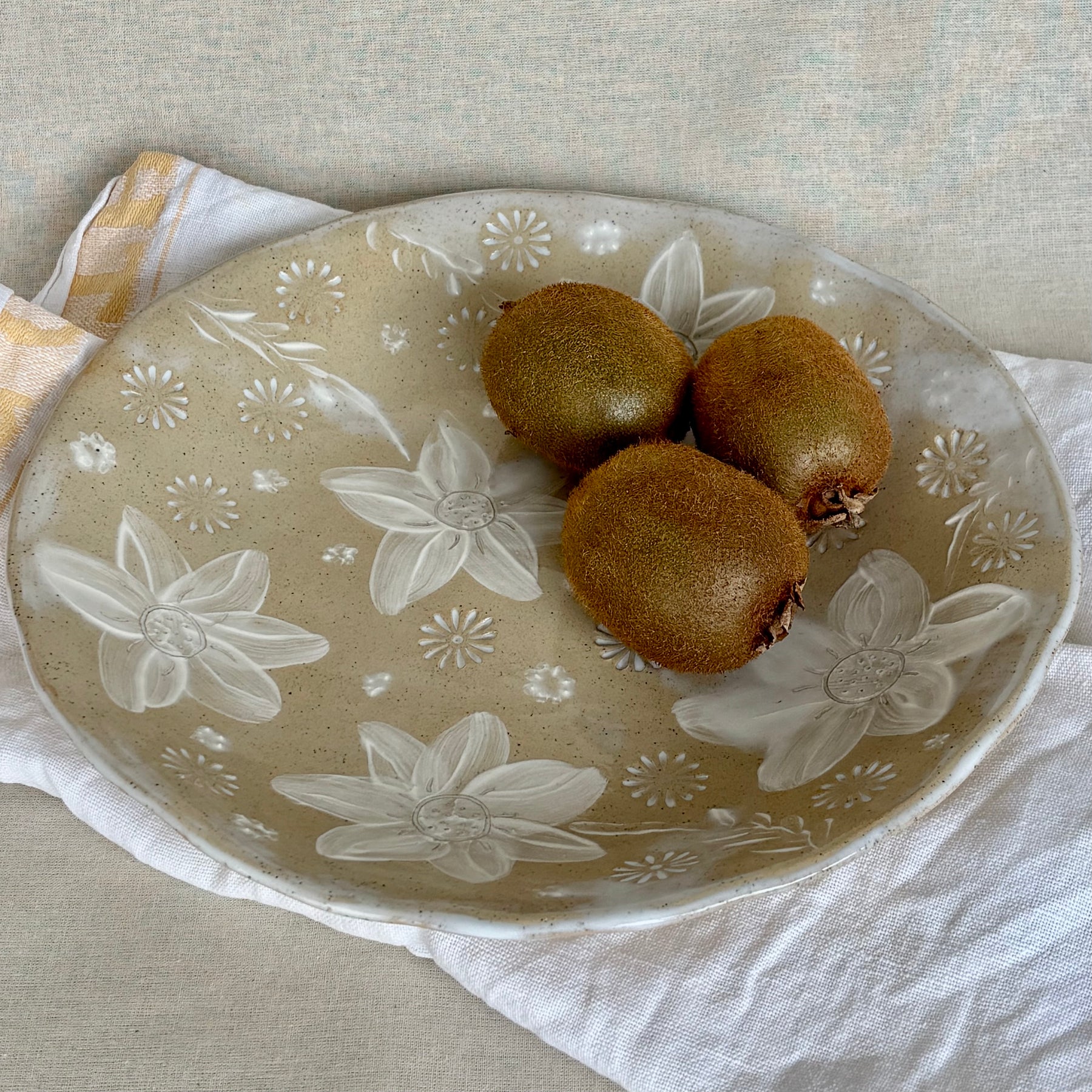 Artisan Handmade Ceramic Serving Bowl | Slab Built Pottery | Round | Hand Painted in Slip | Floral
