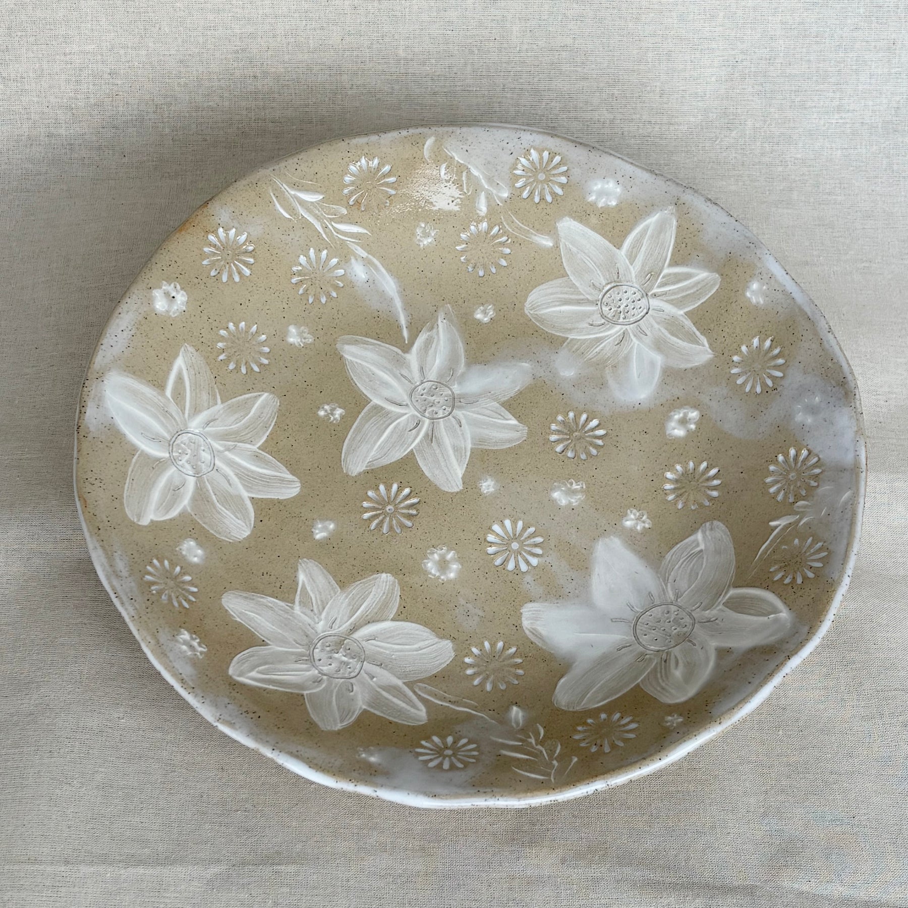 Artisan Handmade Ceramic Serving Bowl | Slab Built Pottery | Round | Hand Painted in Slip | Floral