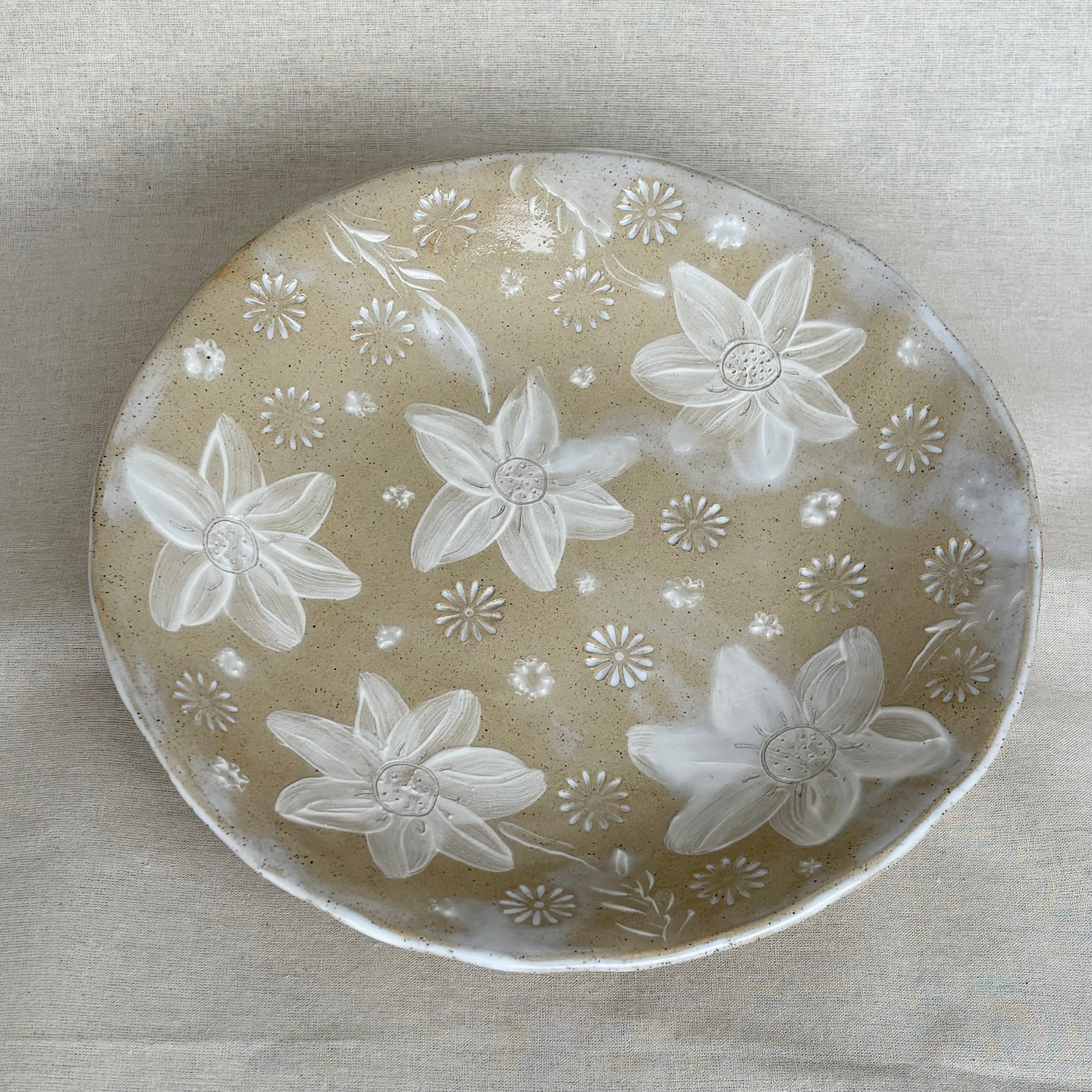 Artisan Handmade Ceramic Serving Bowl | Slab Built Pottery | Round | Hand Painted in Slip | Floral