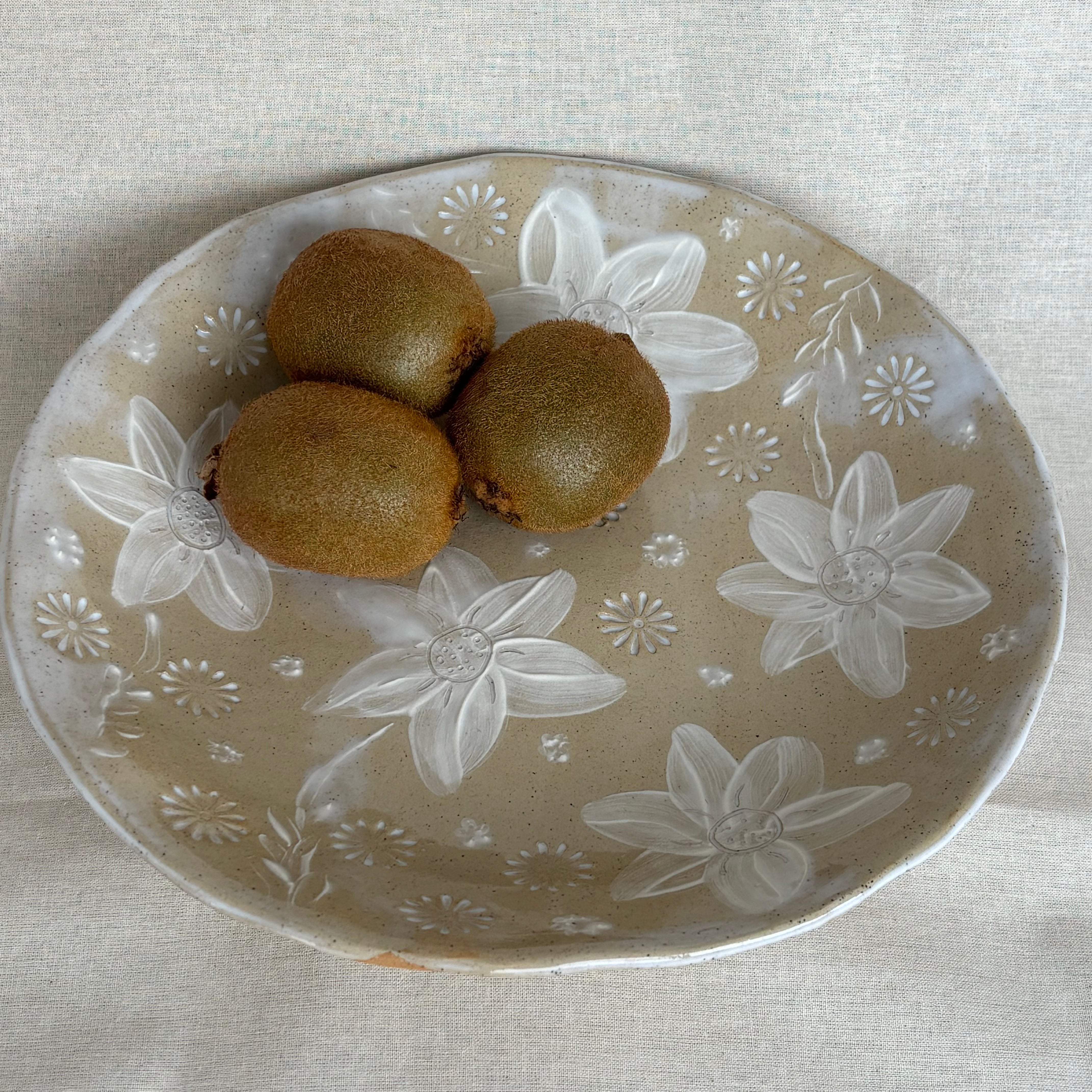 Artisan Handmade Ceramic Serving Bowl | Slab Built Pottery | Round | Hand Painted in Slip | Floral