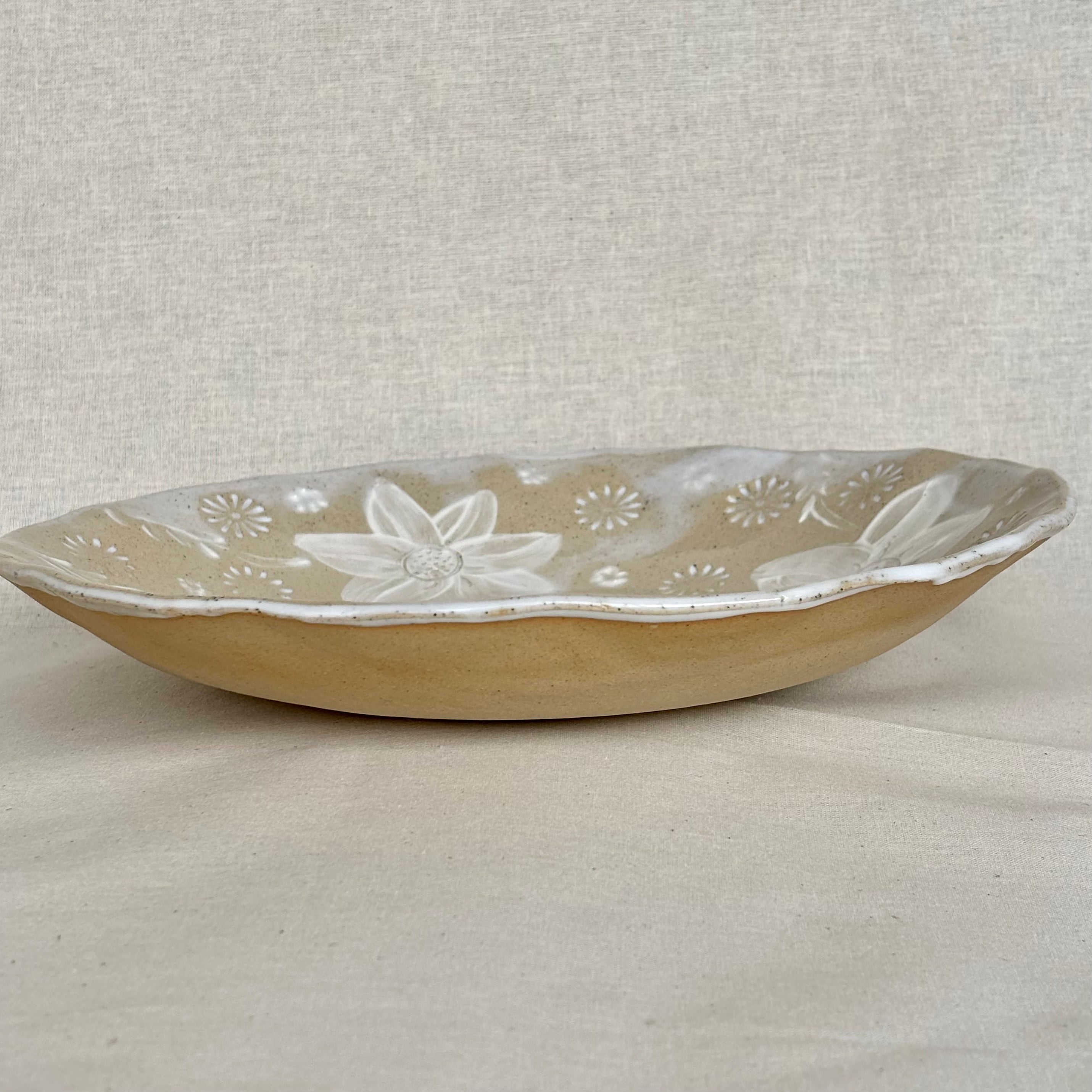 Artisan Handmade Ceramic Serving Bowl | Slab Built Pottery | Round | Hand Painted in Slip | Floral