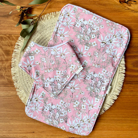 Baby Bib and Burp Cloth Set | May Gibbs Flannel Flowers | Ready to Ship