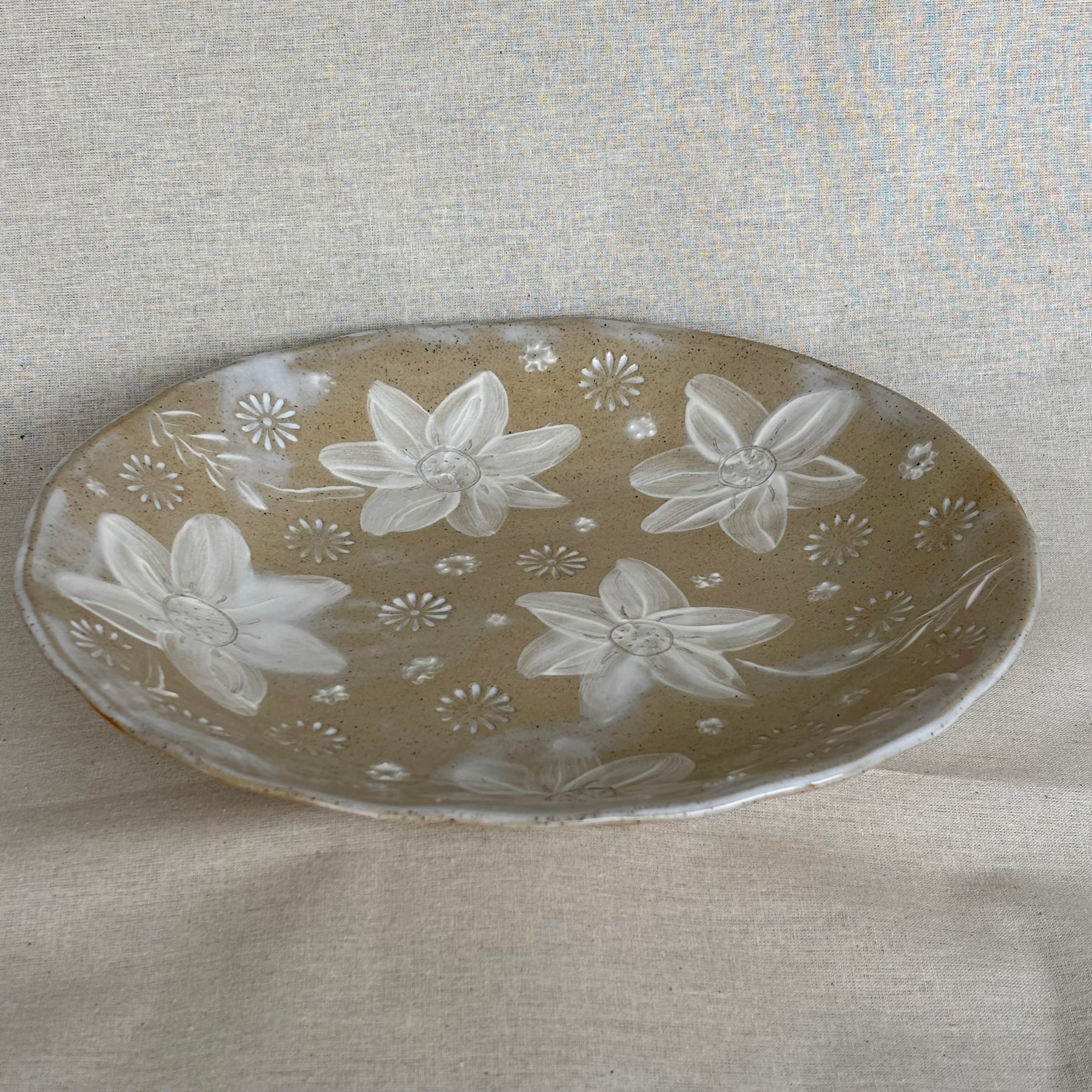 Artisan Handmade Ceramic Serving Bowl | Slab Built Pottery | Round | Hand Painted in Slip | Floral
