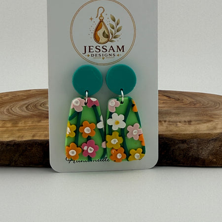 Handmade Colourful Floral Polymer Clay Dangle Earrings – Green & Teal