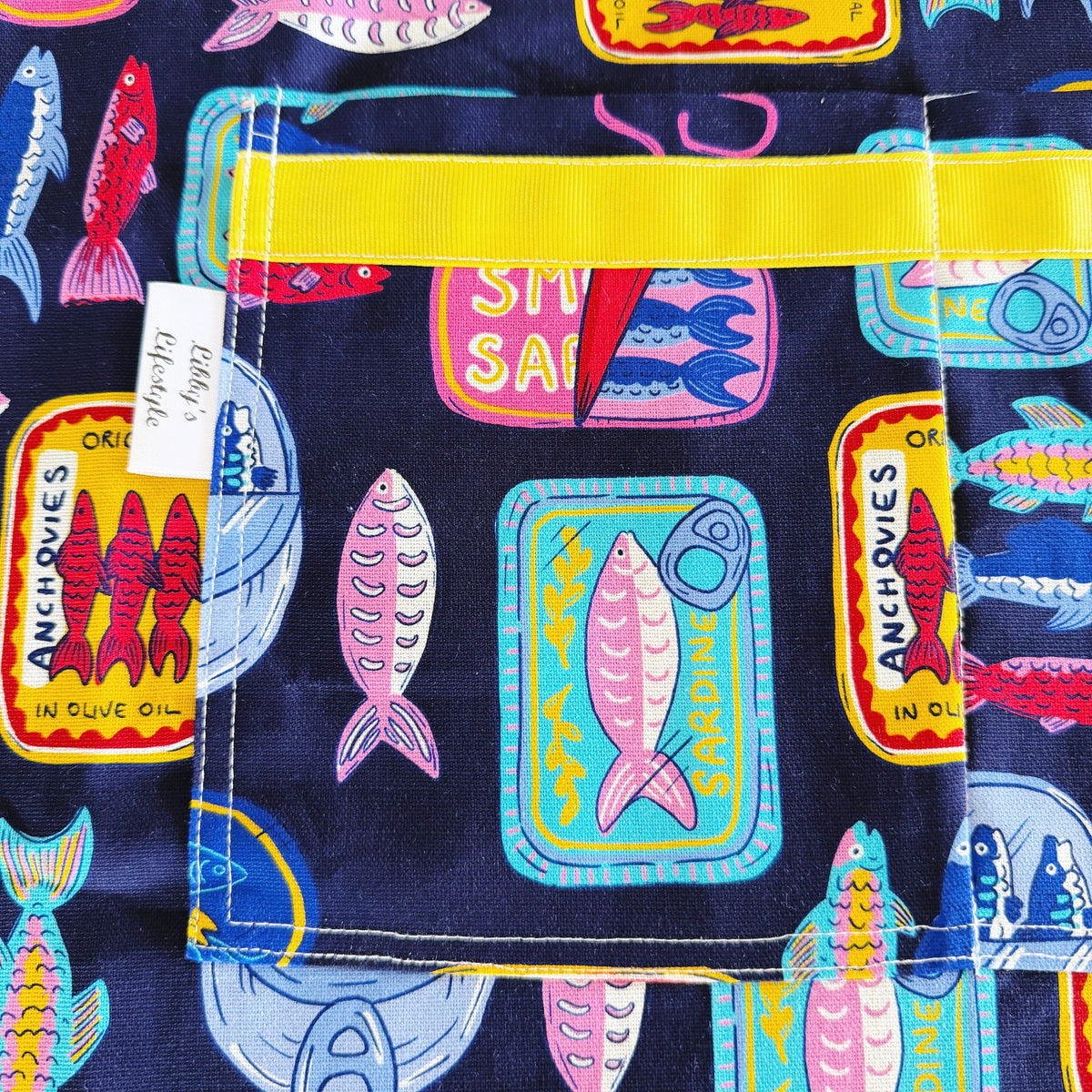 Sardines Japanese style cross back kitchen apron. Crafting, gardening, no ties apron.