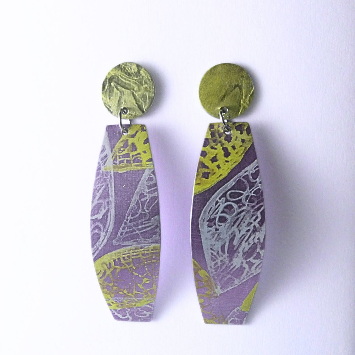 Anodised aluminium earrings hand printed Lemon Lace Collection