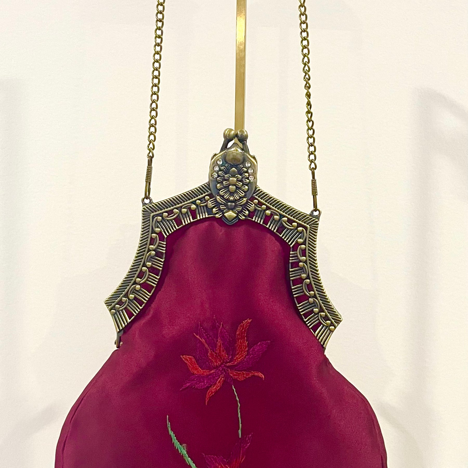 Handmade Plum Satin Handbag, Hand-Embroidered, Brass Clasp