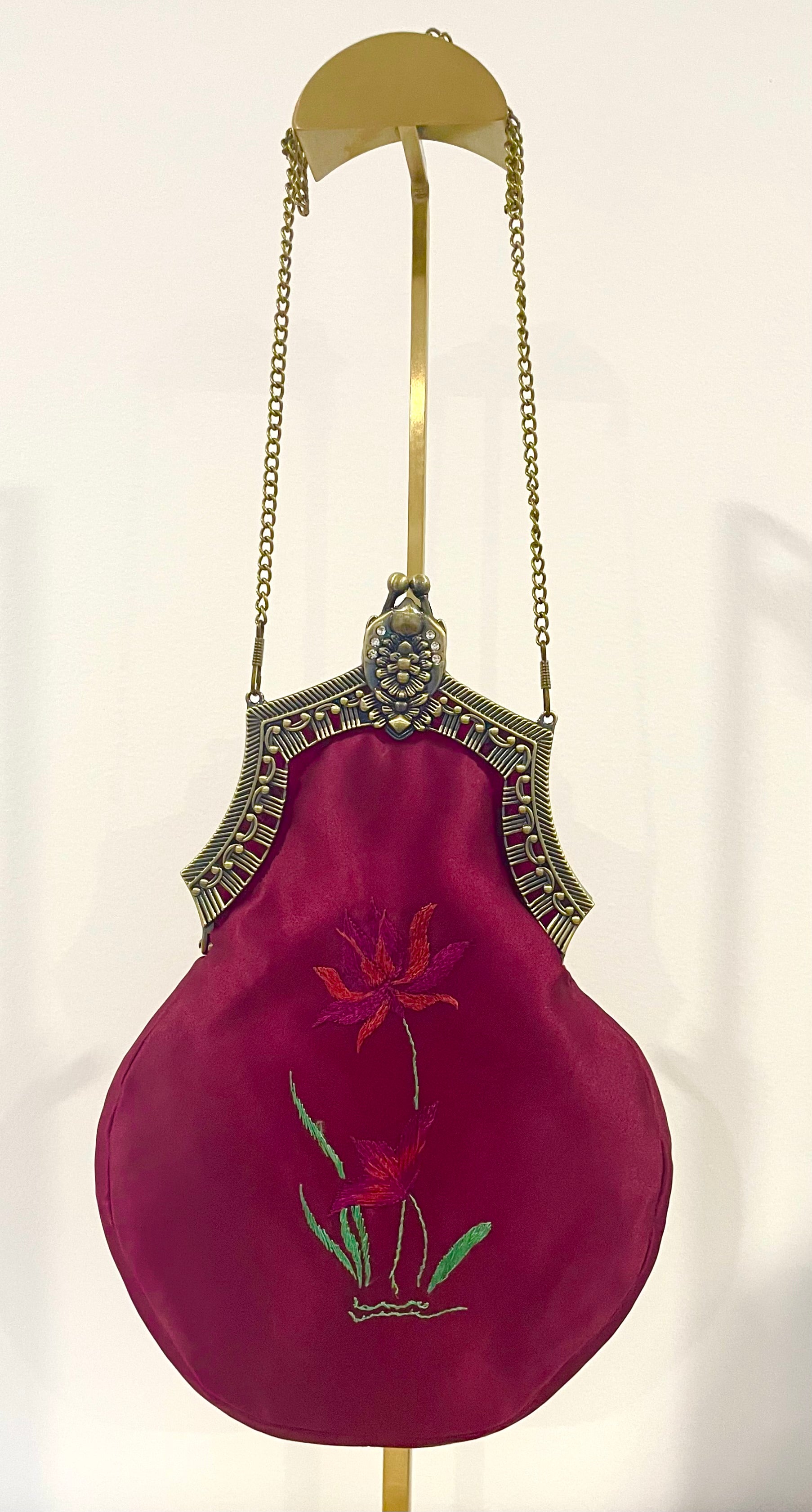 Handmade Plum Satin Handbag, Hand-Embroidered, Brass Clasp
