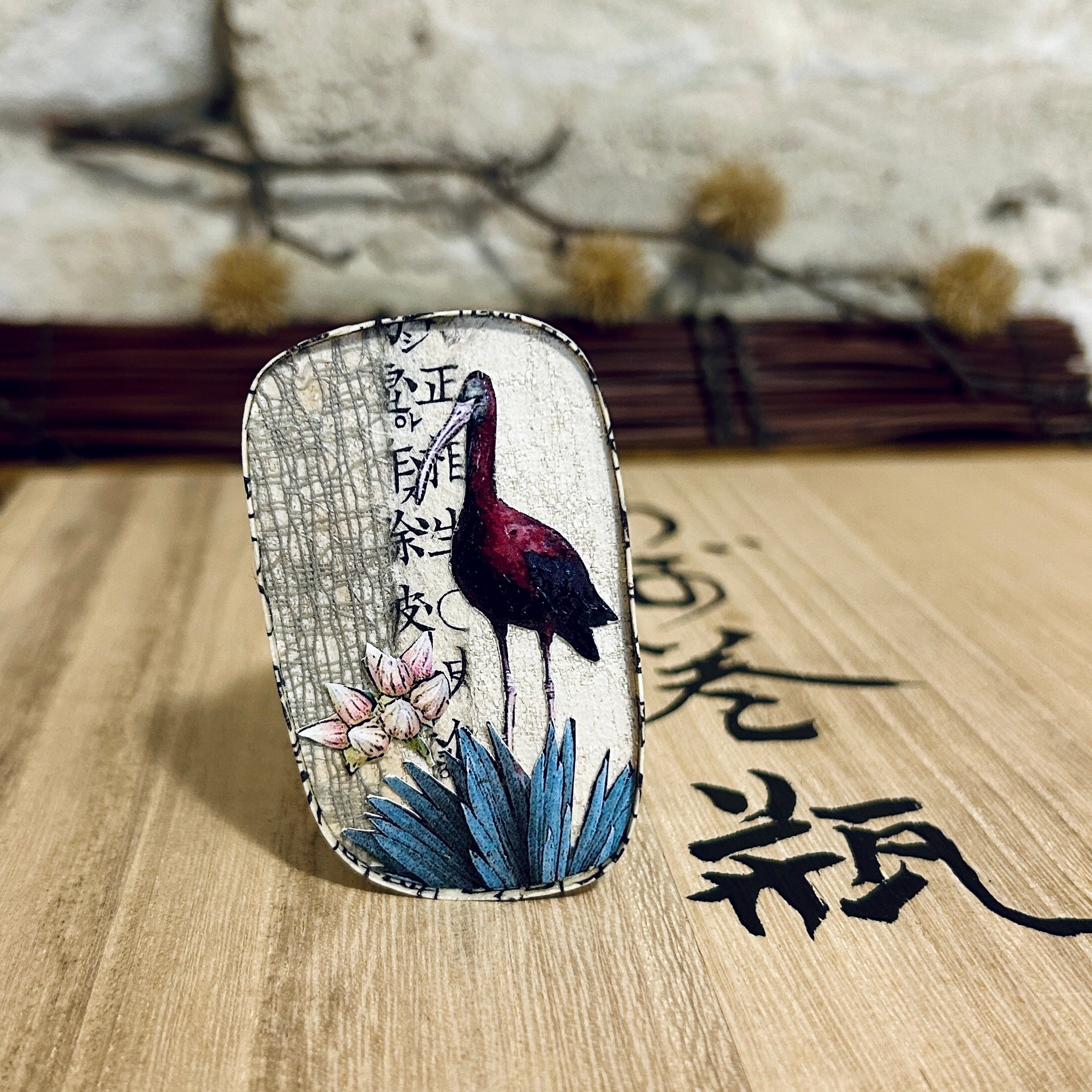 Waterbird & Flower Pendant Necklace Brooch: 4cm x 7cm