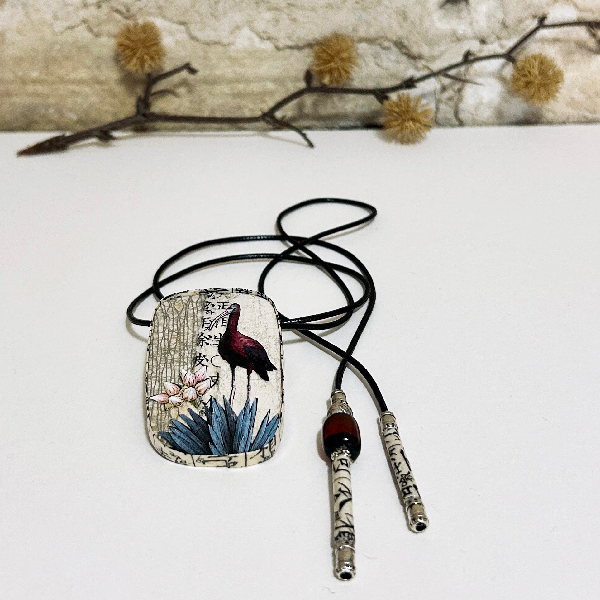 Waterbird & Flower Pendant Necklace Brooch: 4cm x 7cm