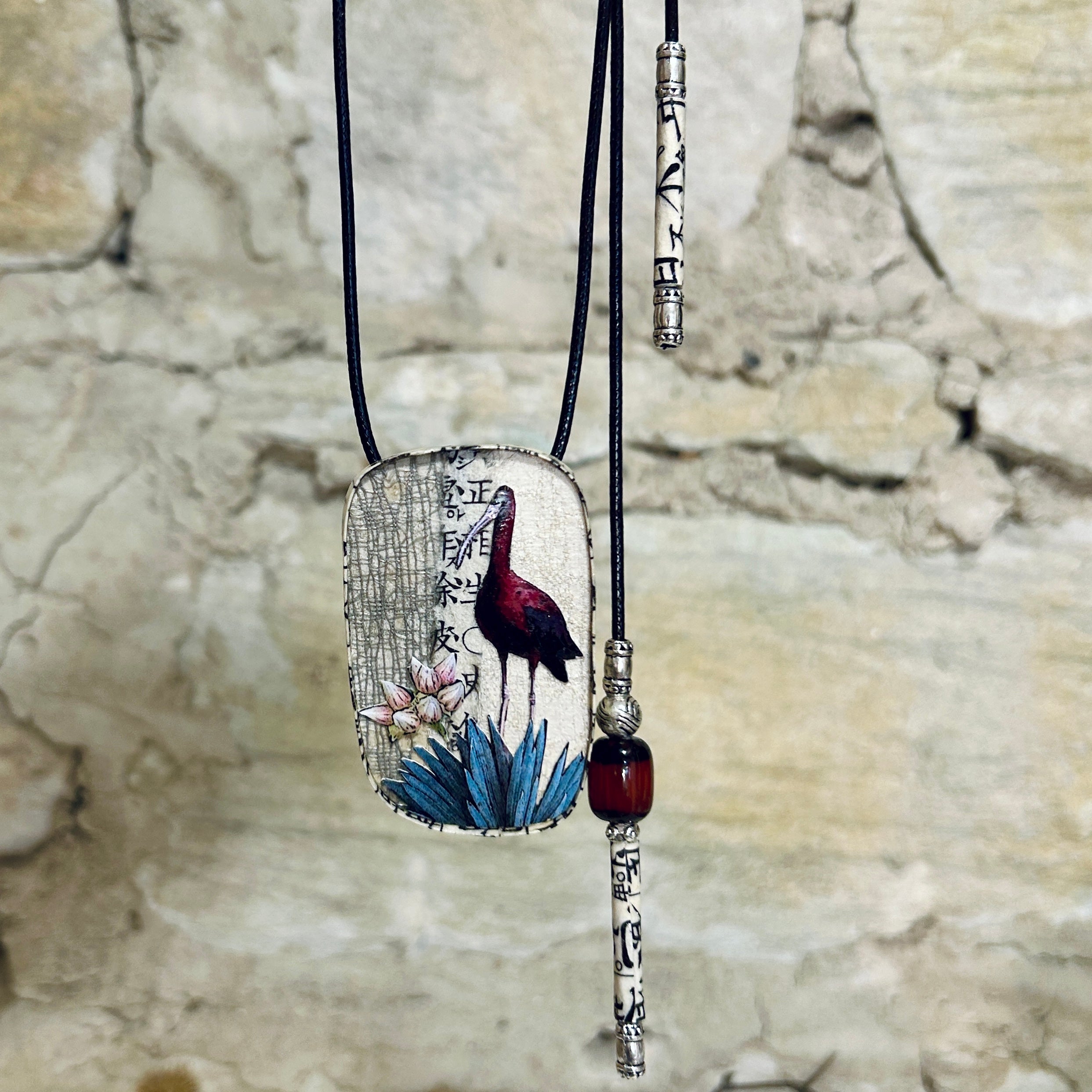 Waterbird & Flower Pendant Necklace Brooch: 4cm x 7cm