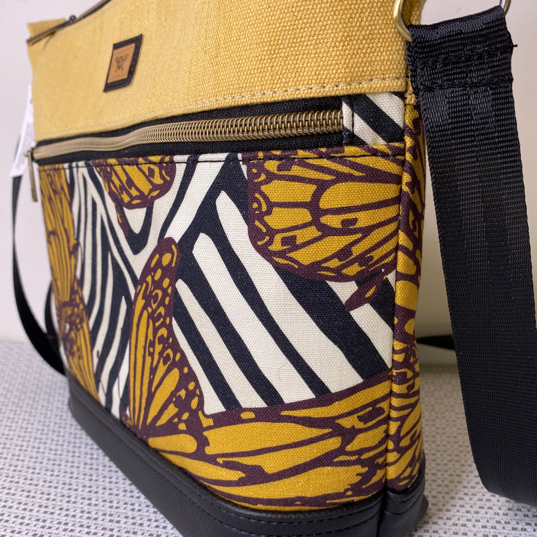 Lola Crossbody Bag - Monarch Butterfly and Plain Yellow Fabric with Black Faux Leather Base