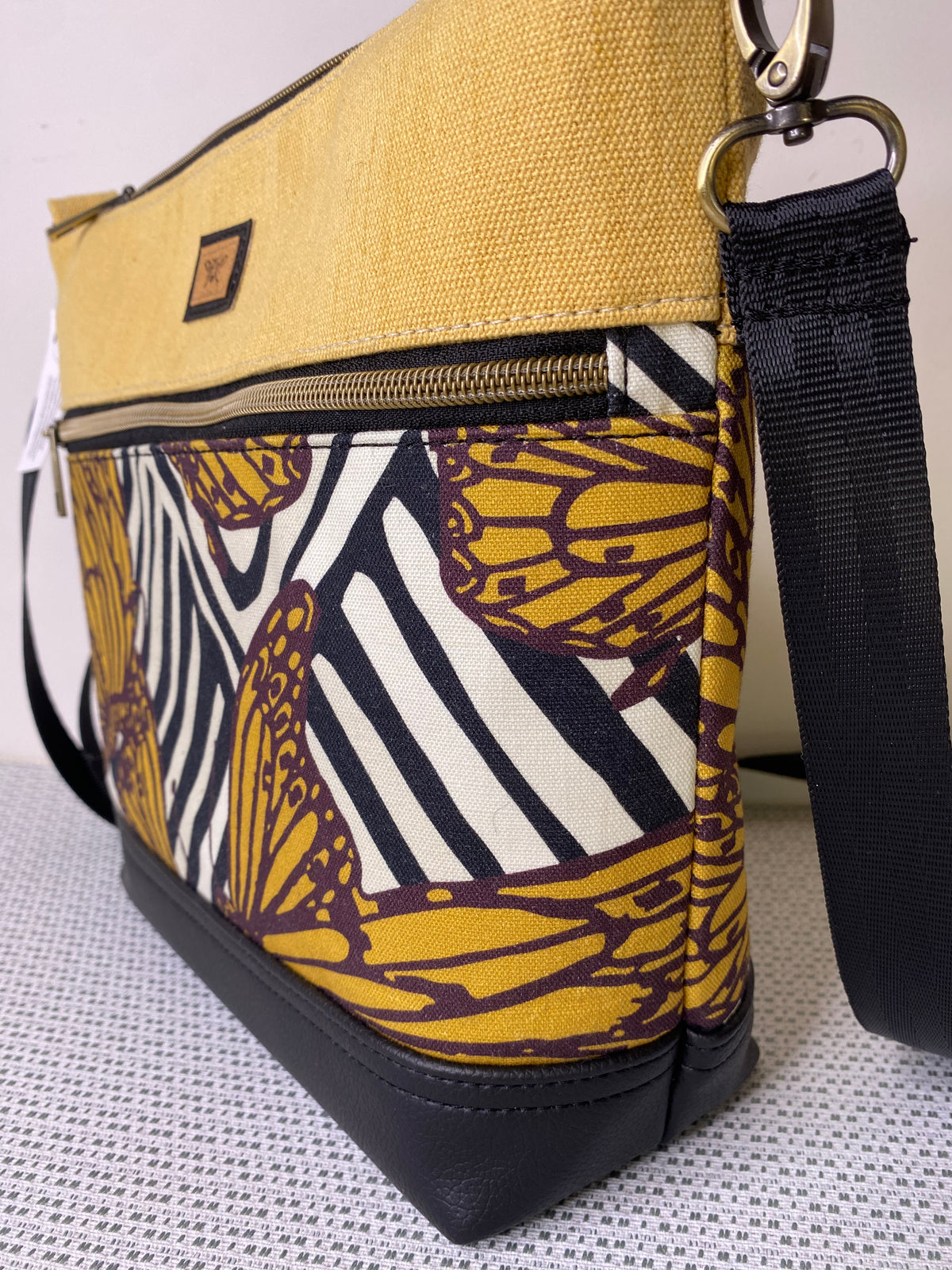 Lola Crossbody Bag - Monarch Butterfly and Plain Yellow Fabric with Black Faux Leather Base