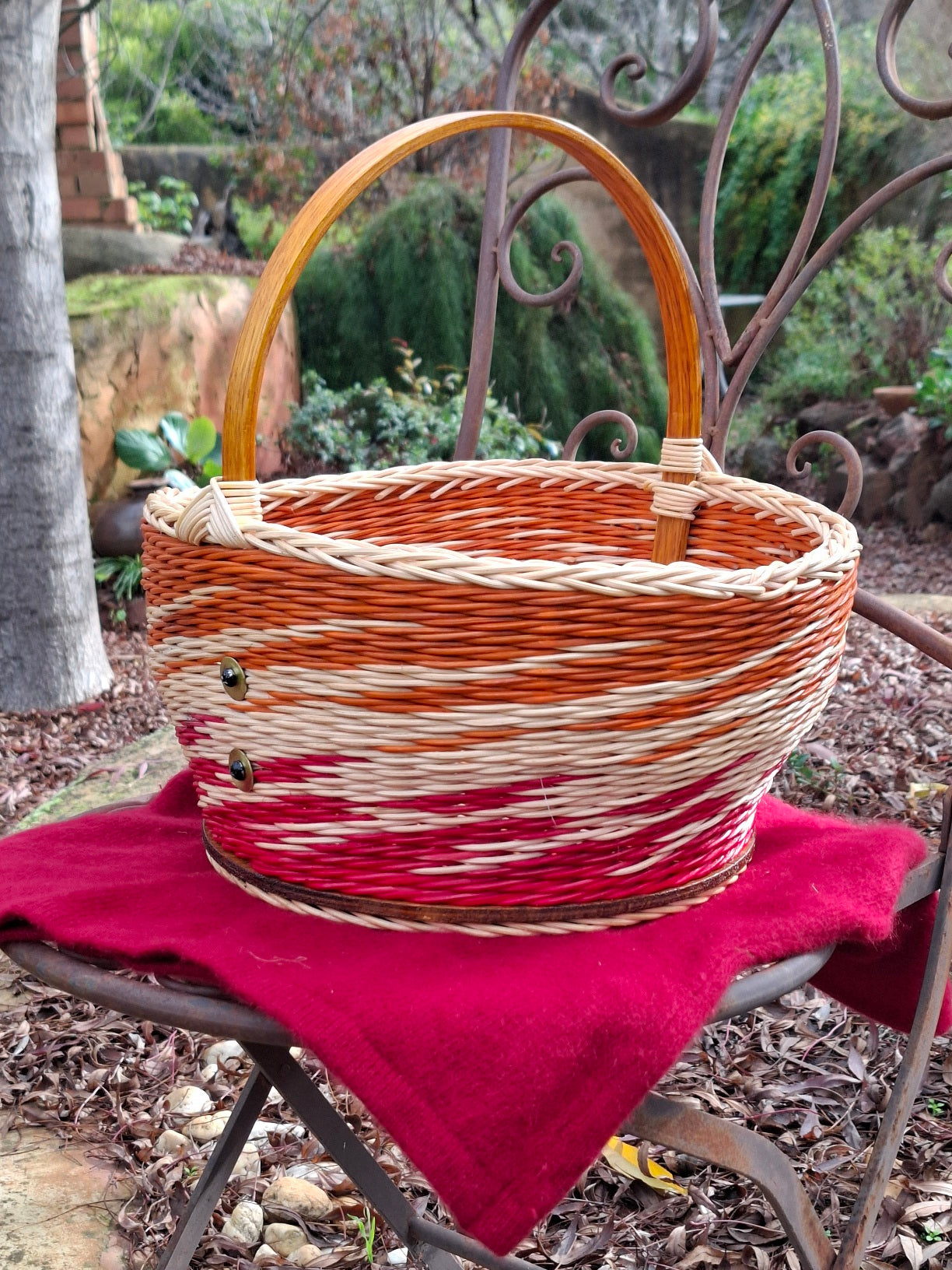 Large Round Market Basket orange red and natural.
