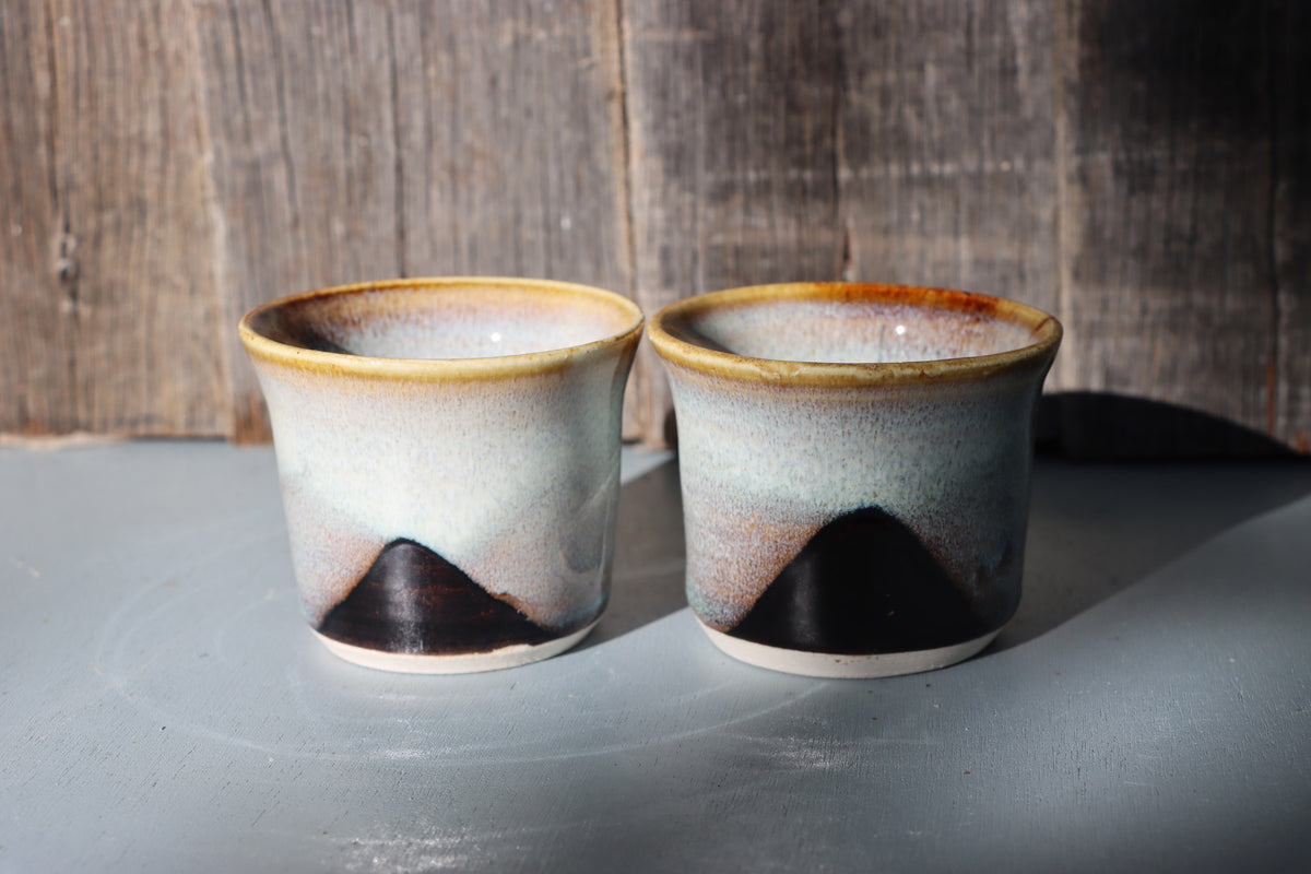 Hand Thrown Stoneware Espresso Cups: brown and white hand made