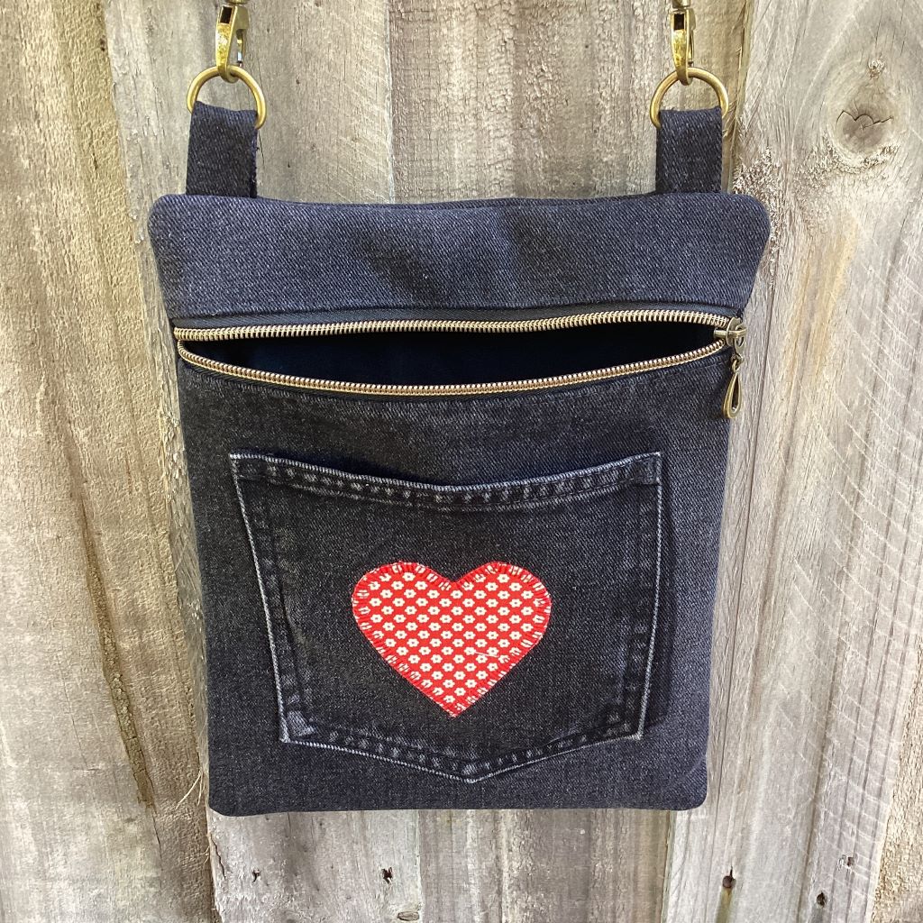 Black Upcycled Denim Cross Body Bag – Red Heart