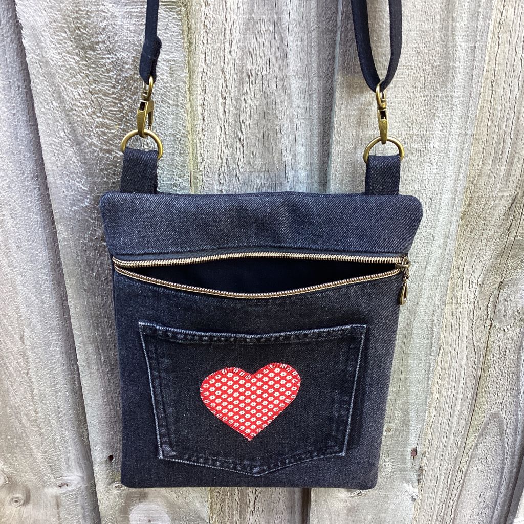 Black Denim Cross Body Bag – Red Heart