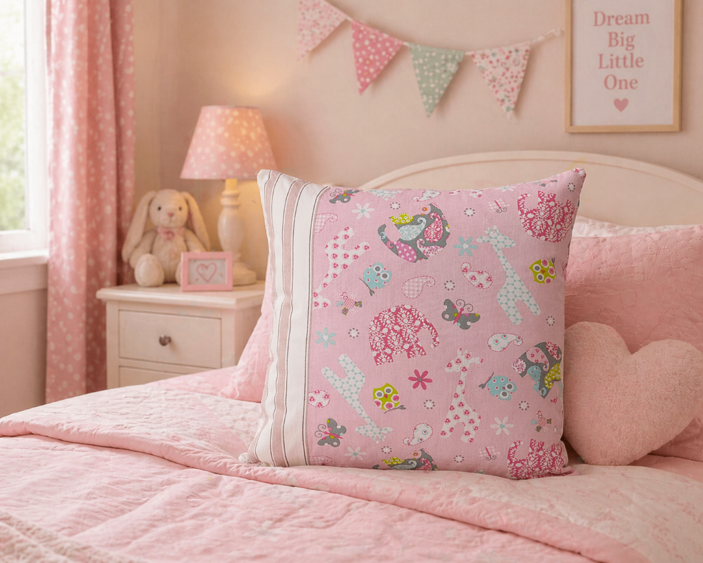 Child's pink animal themed cushion cover:  Nursery Decor -Kid's Bedroom