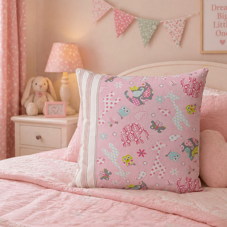 Child's pink animal themed cushion cover:  Nursery Decor -Kid's Bedroom