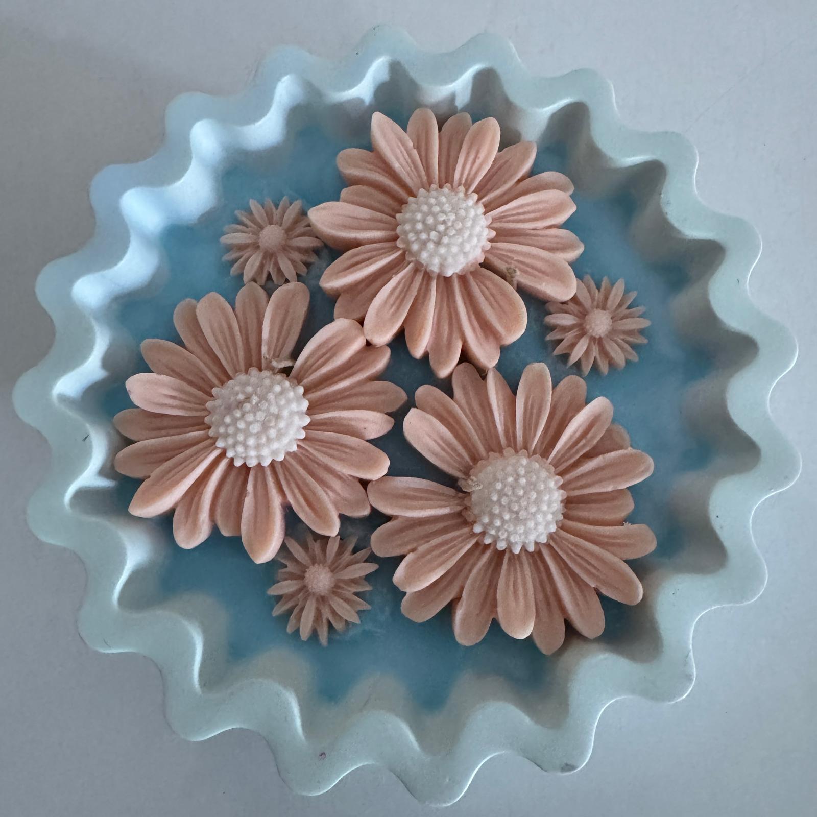 Blue and peach eco-concrete daisy bowl candle