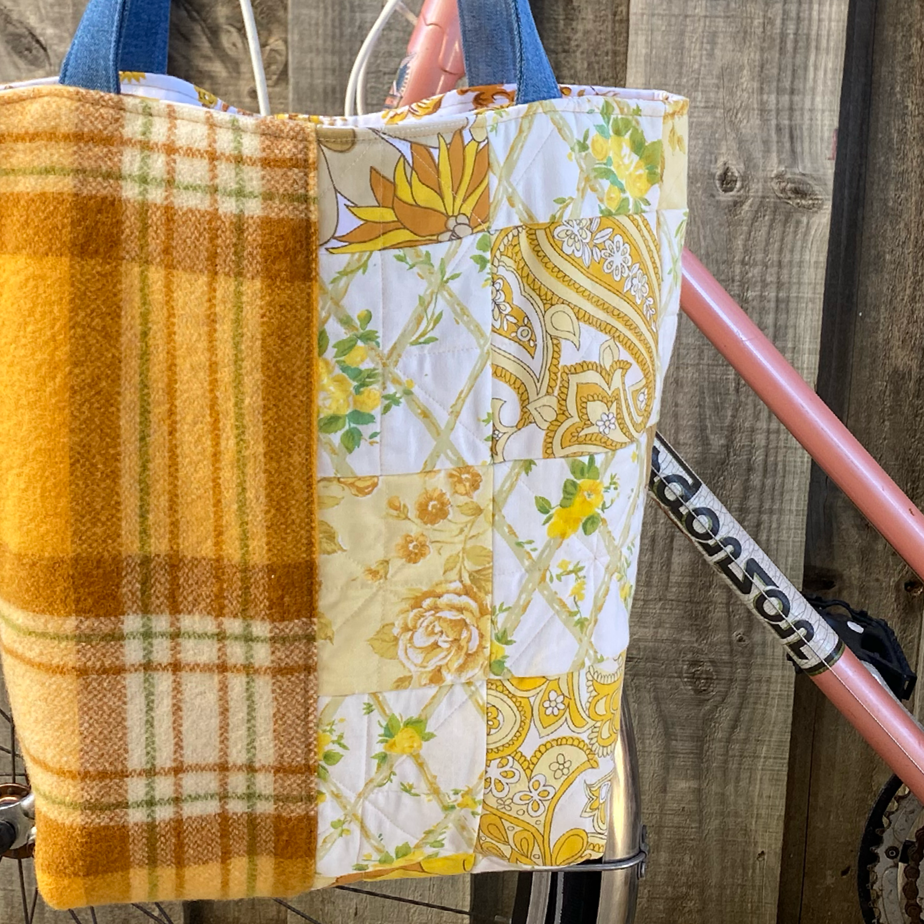 Sunny Meadow Handmade Tote Bag Upcycled Vintage Fabrics & Denim