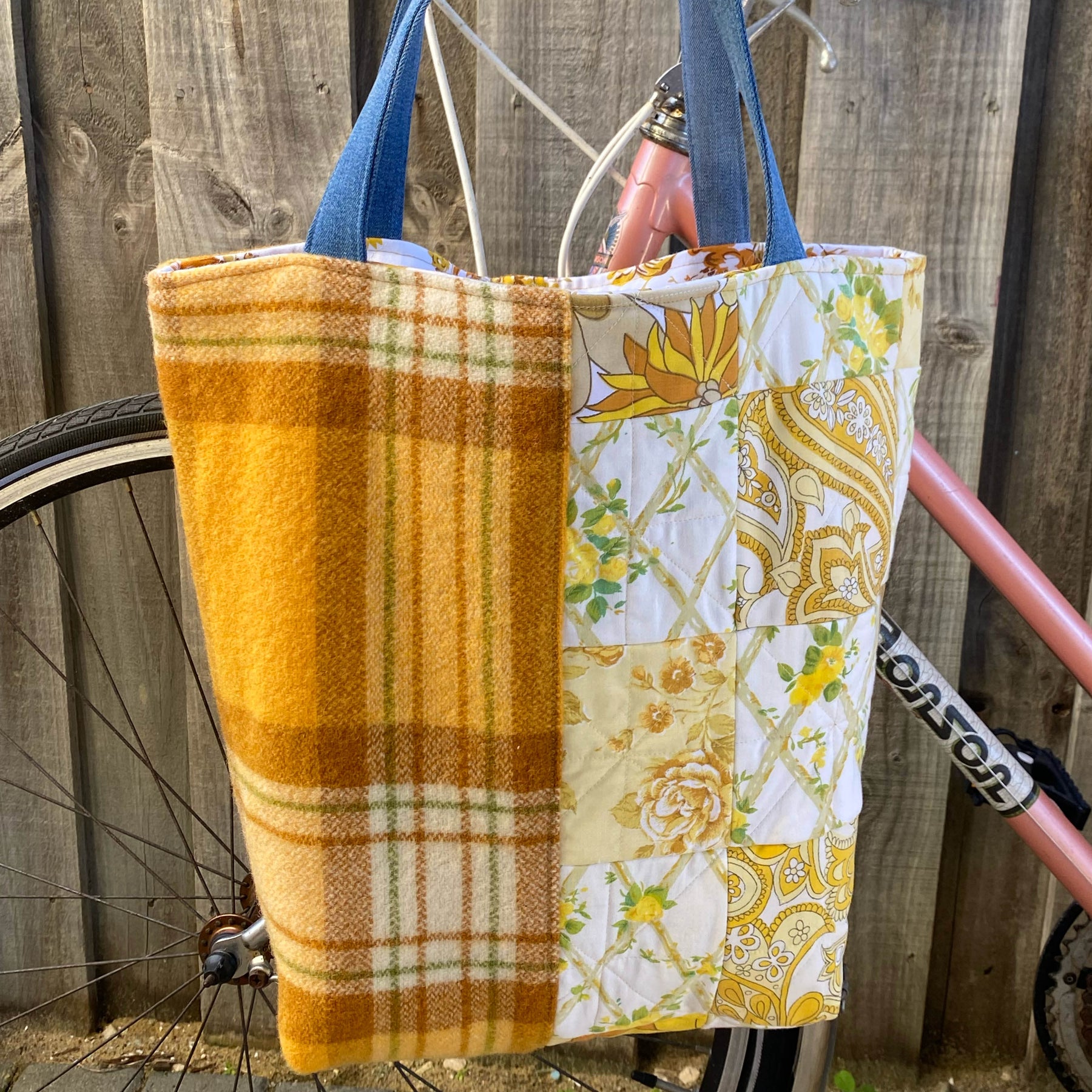 Sunny Meadow Handmade Tote Bag Upcycled Vintage Fabrics & Denim