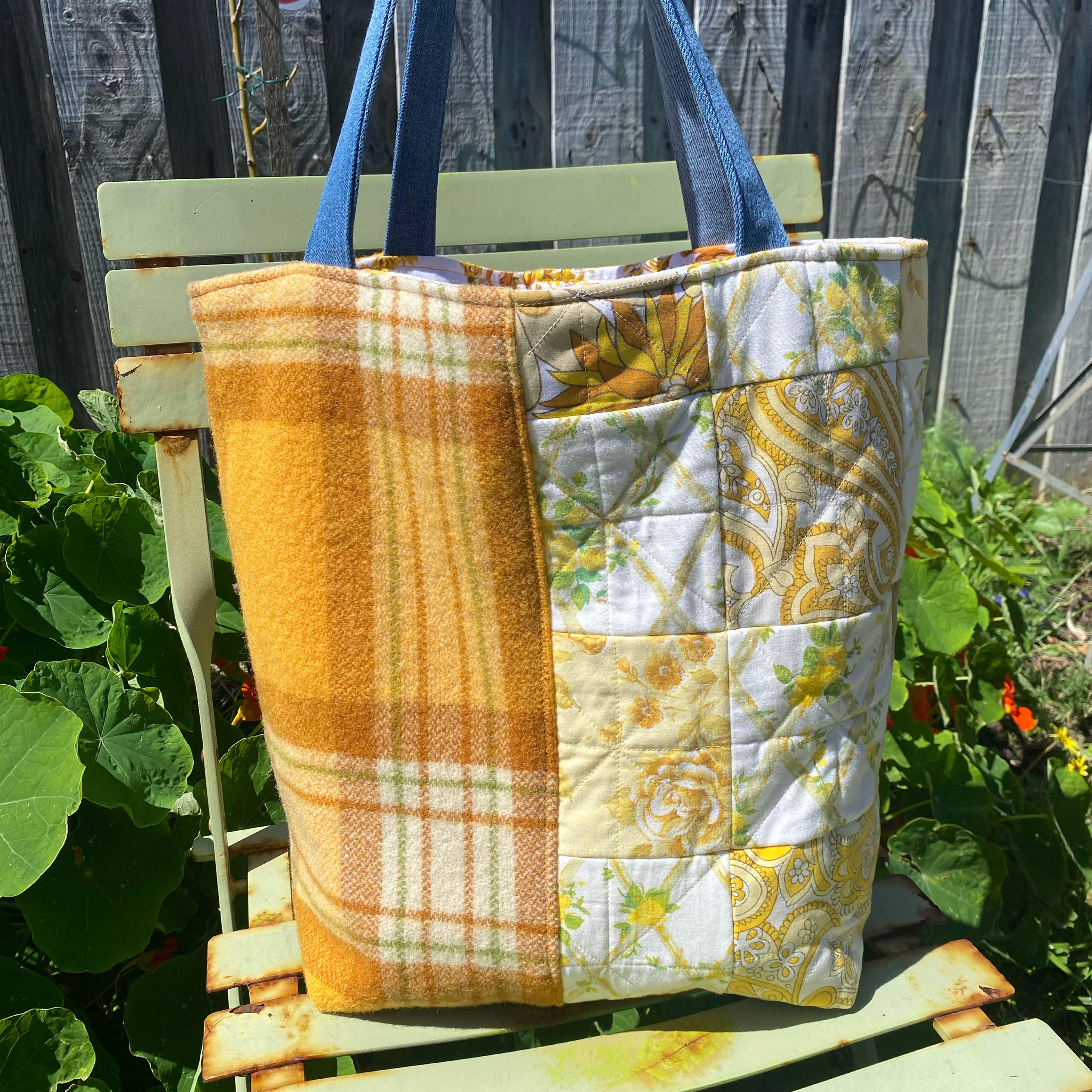 Sunny Meadow Handmade Tote Bag Upcycled Vintage Fabrics & Denim