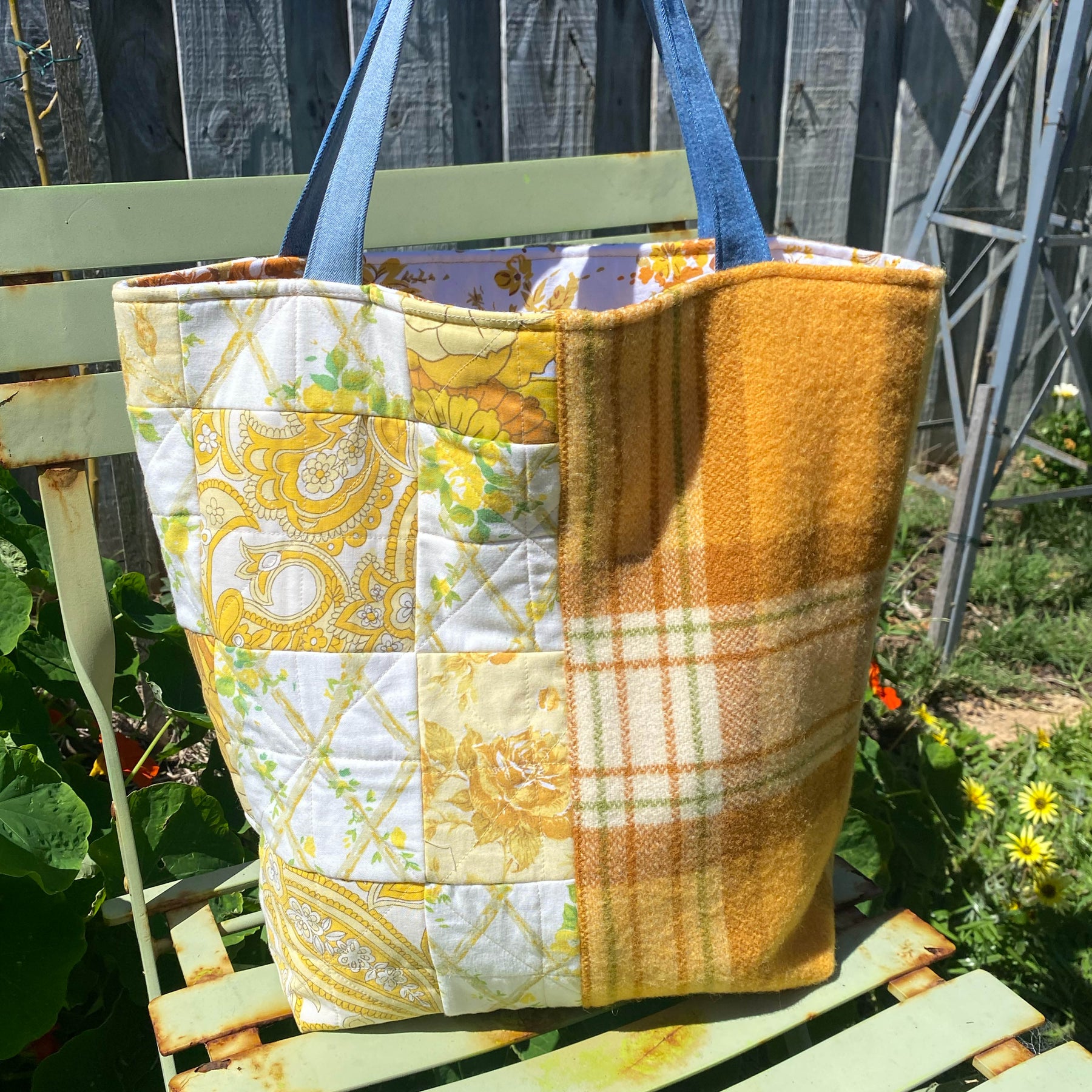 Sunny Meadow Handmade Tote Bag Upcycled Vintage Fabrics & Denim
