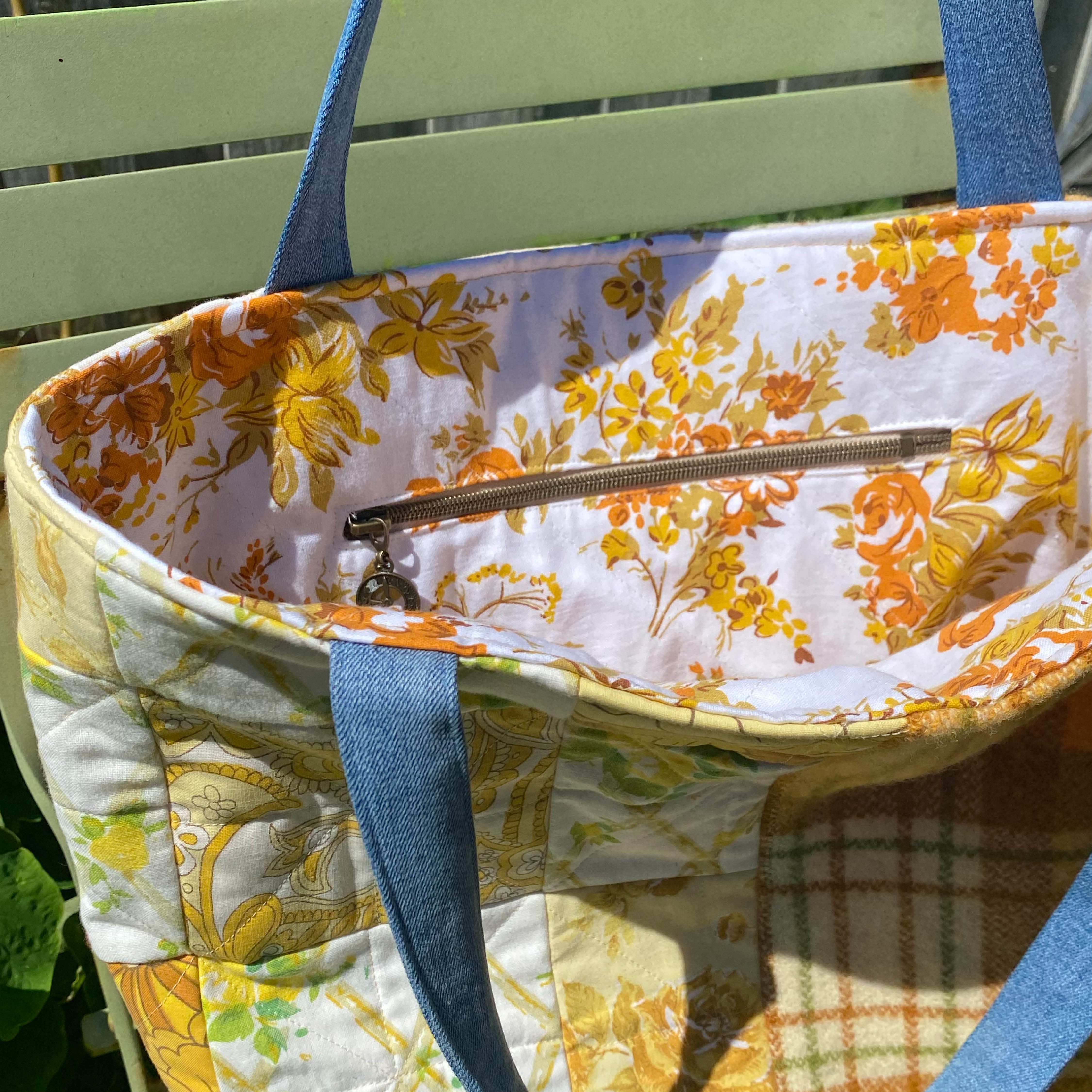 Sunny Meadow Handmade Tote Bag Upcycled Vintage Fabrics & Denim