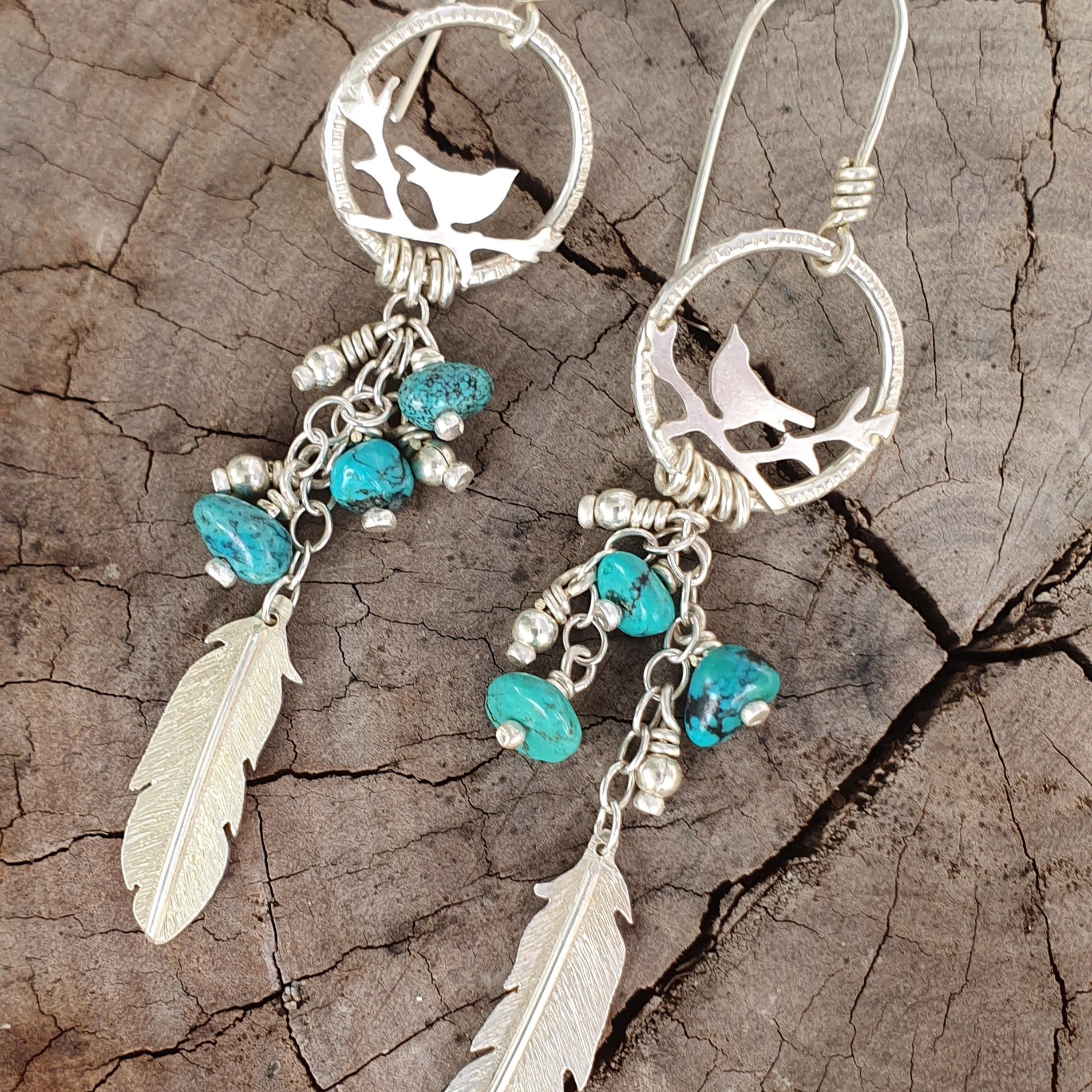 Free as a bird silver earrings with turquoise beads