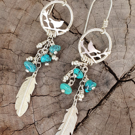 Free as a bird silver earrings with turquoise beads